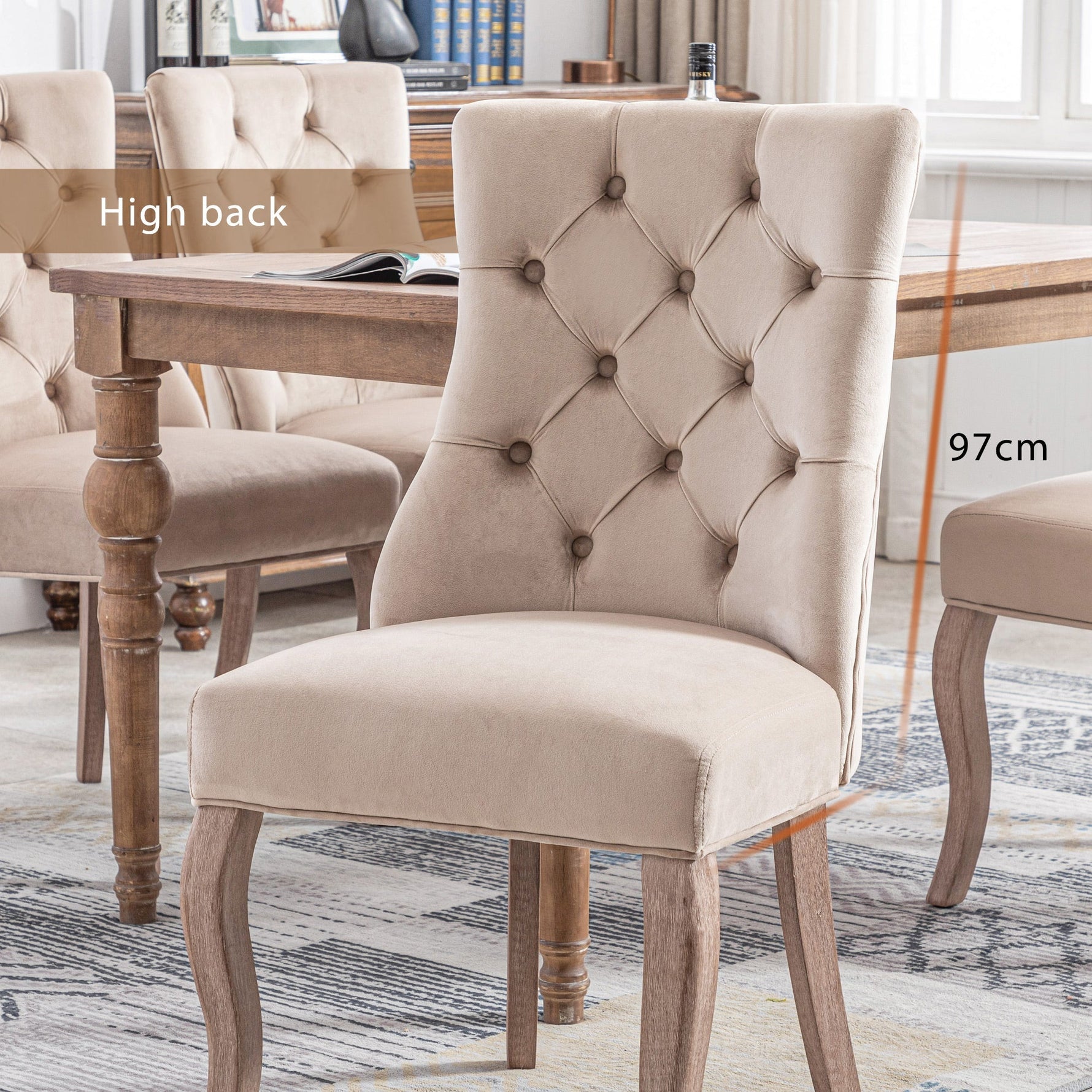Dining Chair Set of 4 High Back Button Tufting Beige Velvet