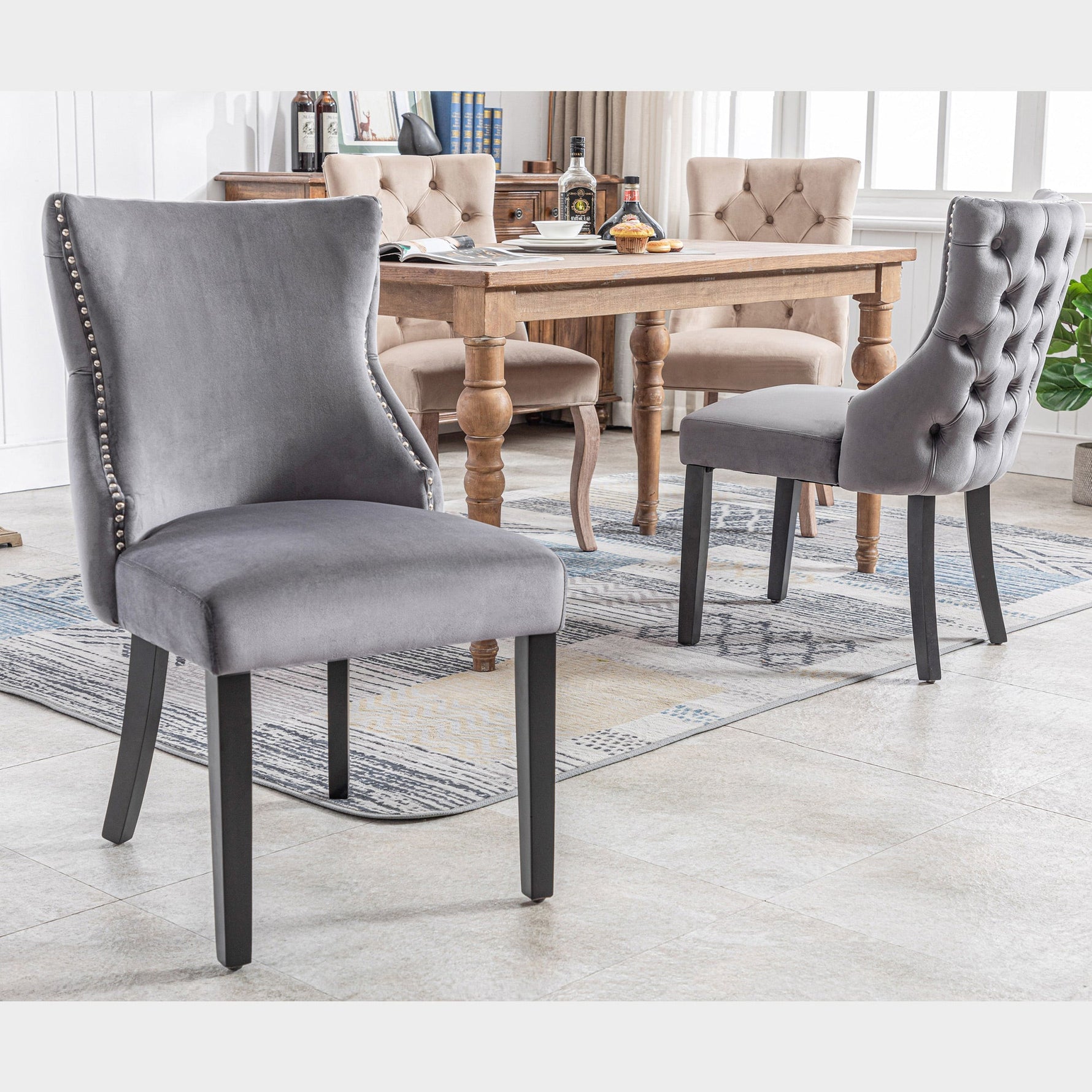Set of 4 Dining Chairs, Button Tufted 4-Leg Solid Wood Frame, Grey Velvet