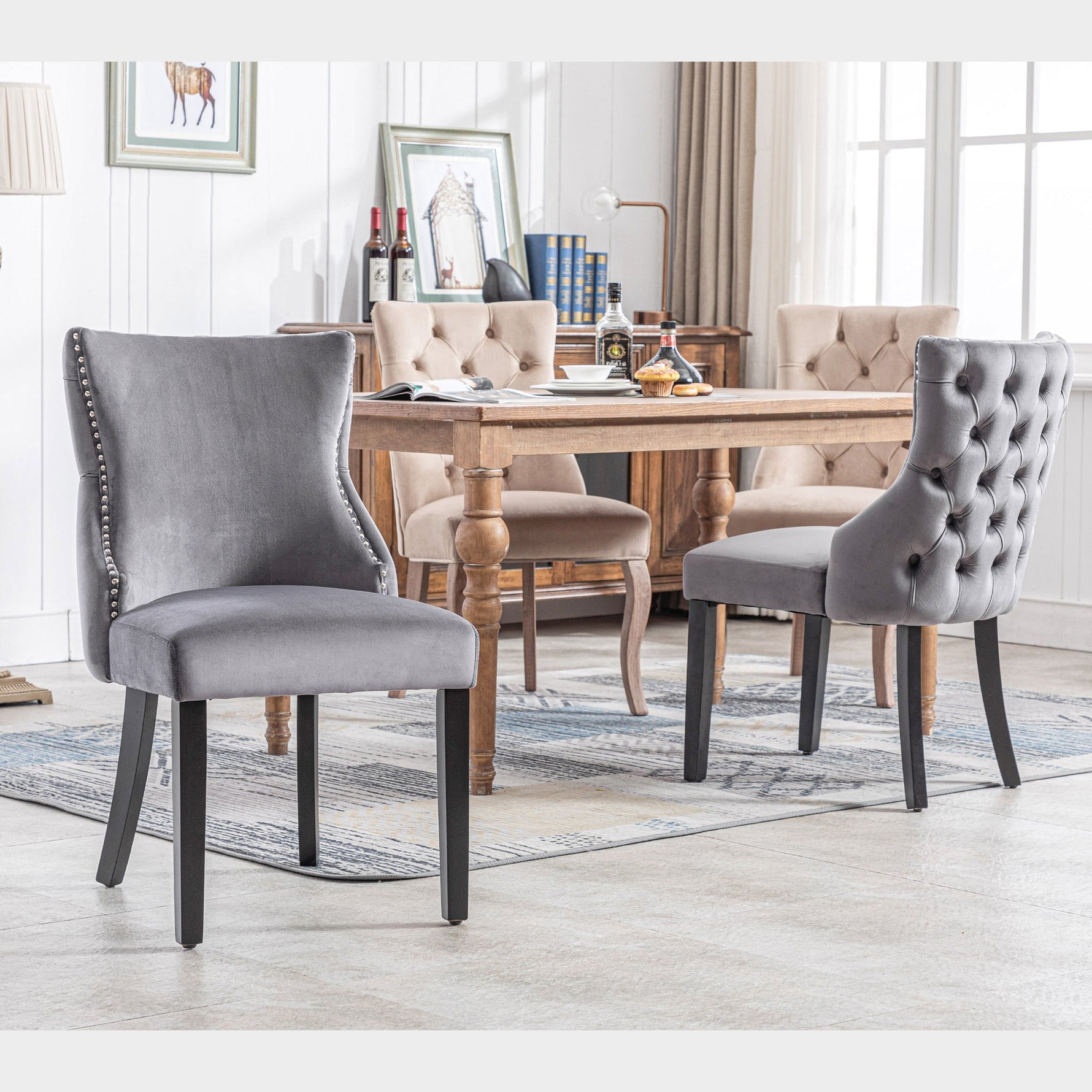 Set of 4 Dining Chairs, Button Tufted 4-Leg Solid Wood Frame, Grey Velvet