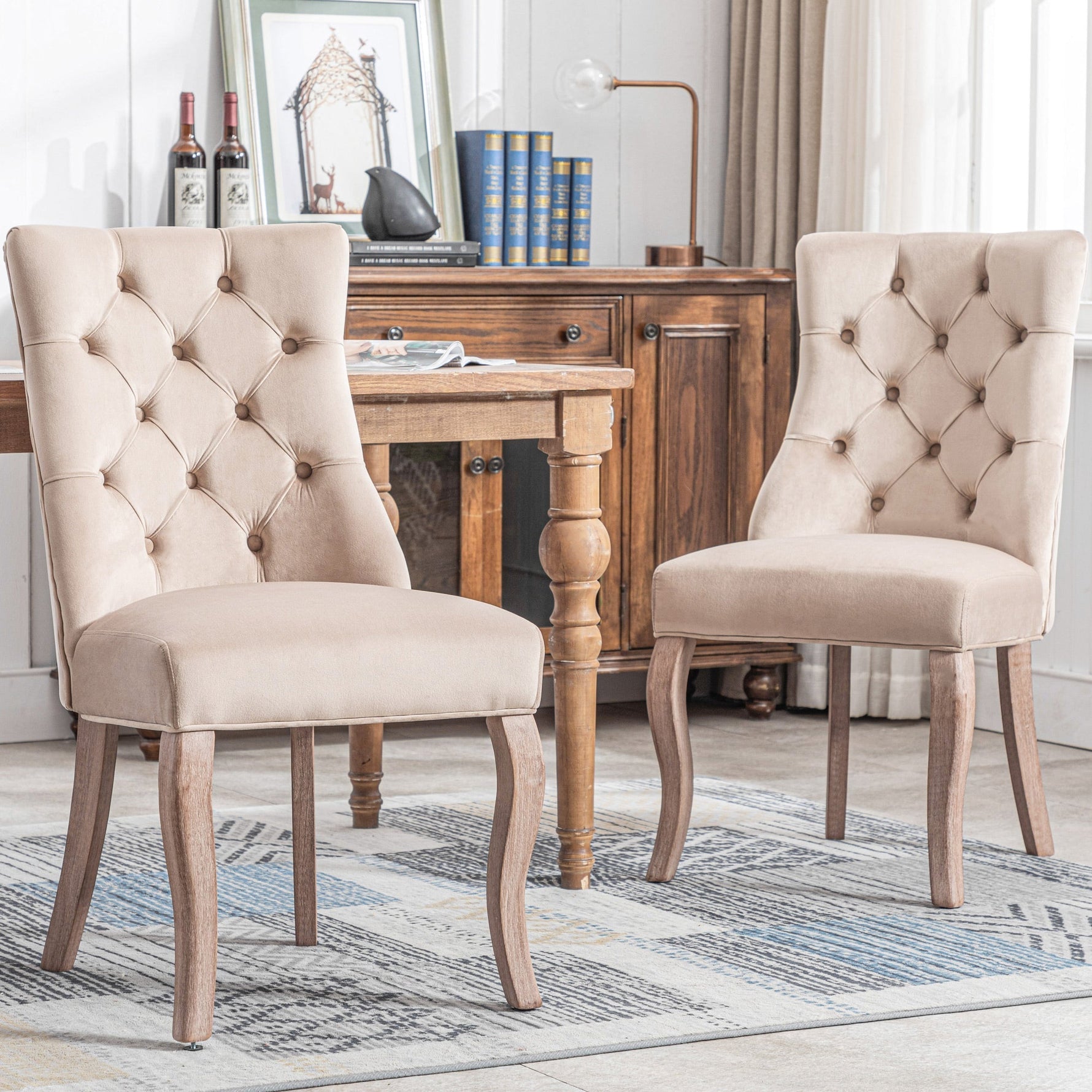 Dining Chair Set of 2 High Back Button Tufting Solid Wood Frame Beige Velvet