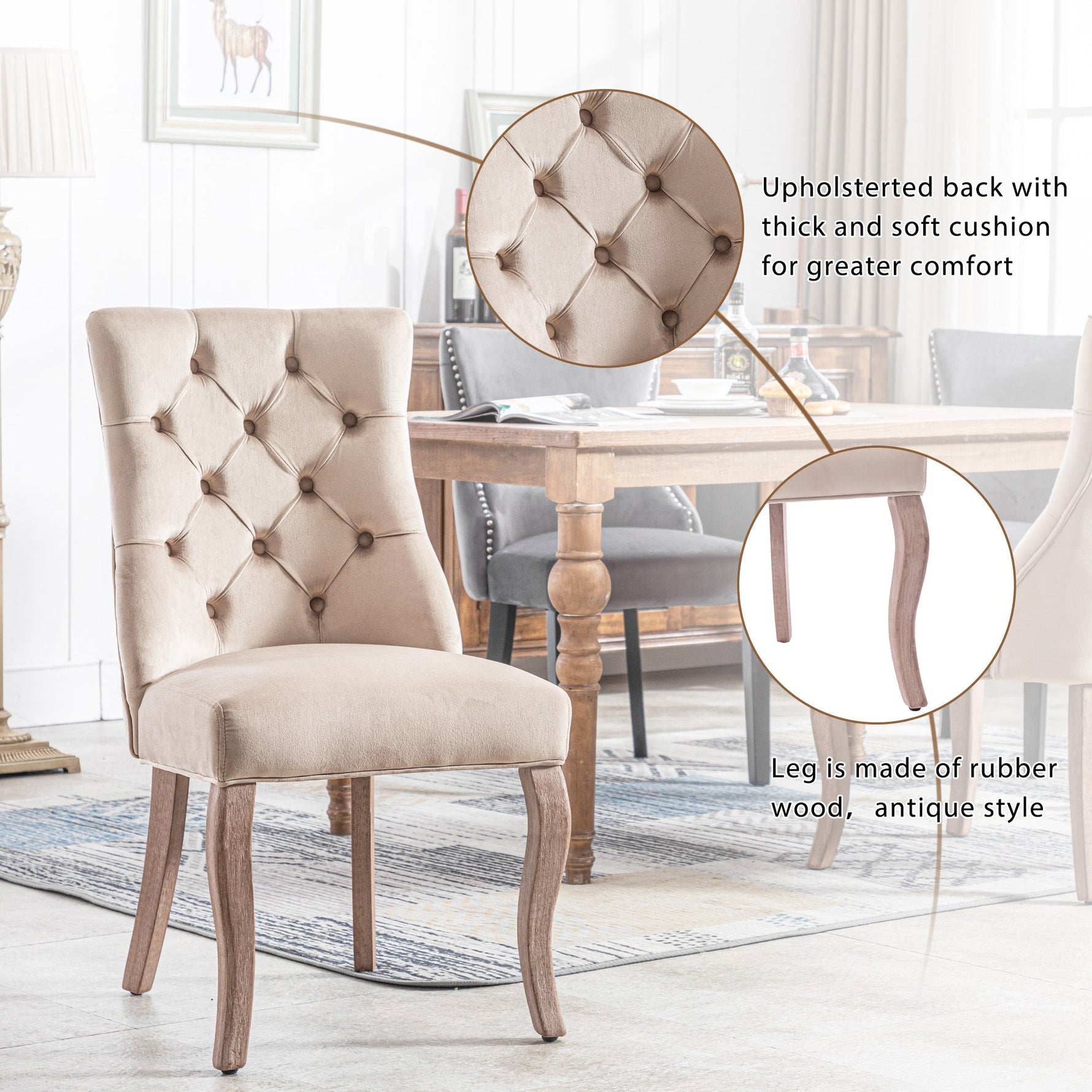 Dining Chair Set of 6 High Back Button Tufted Solid Wood Frame Beige Velvet