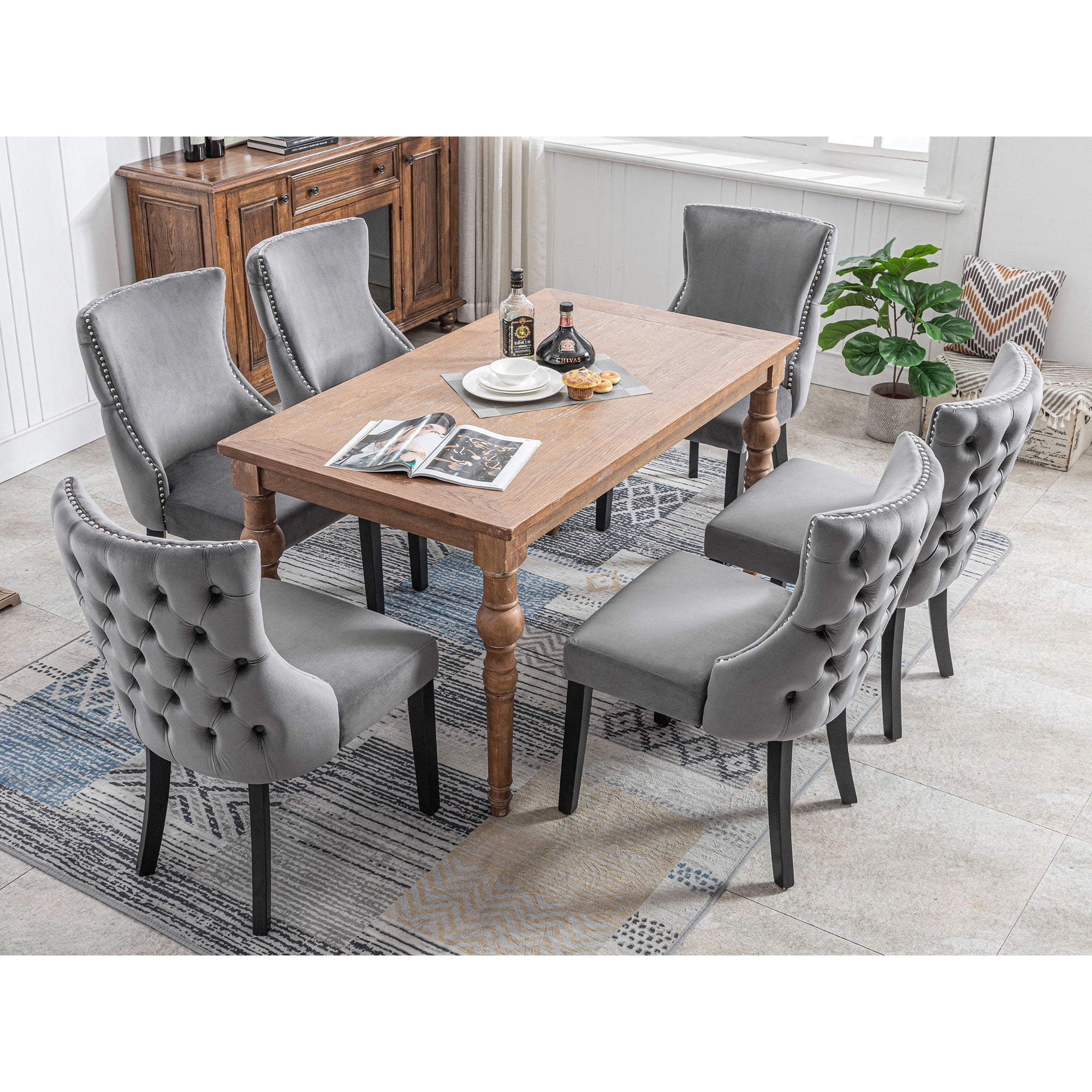 Dining Chair Set of 6 Velvet Button Tufting Solid Wood Frame Grey