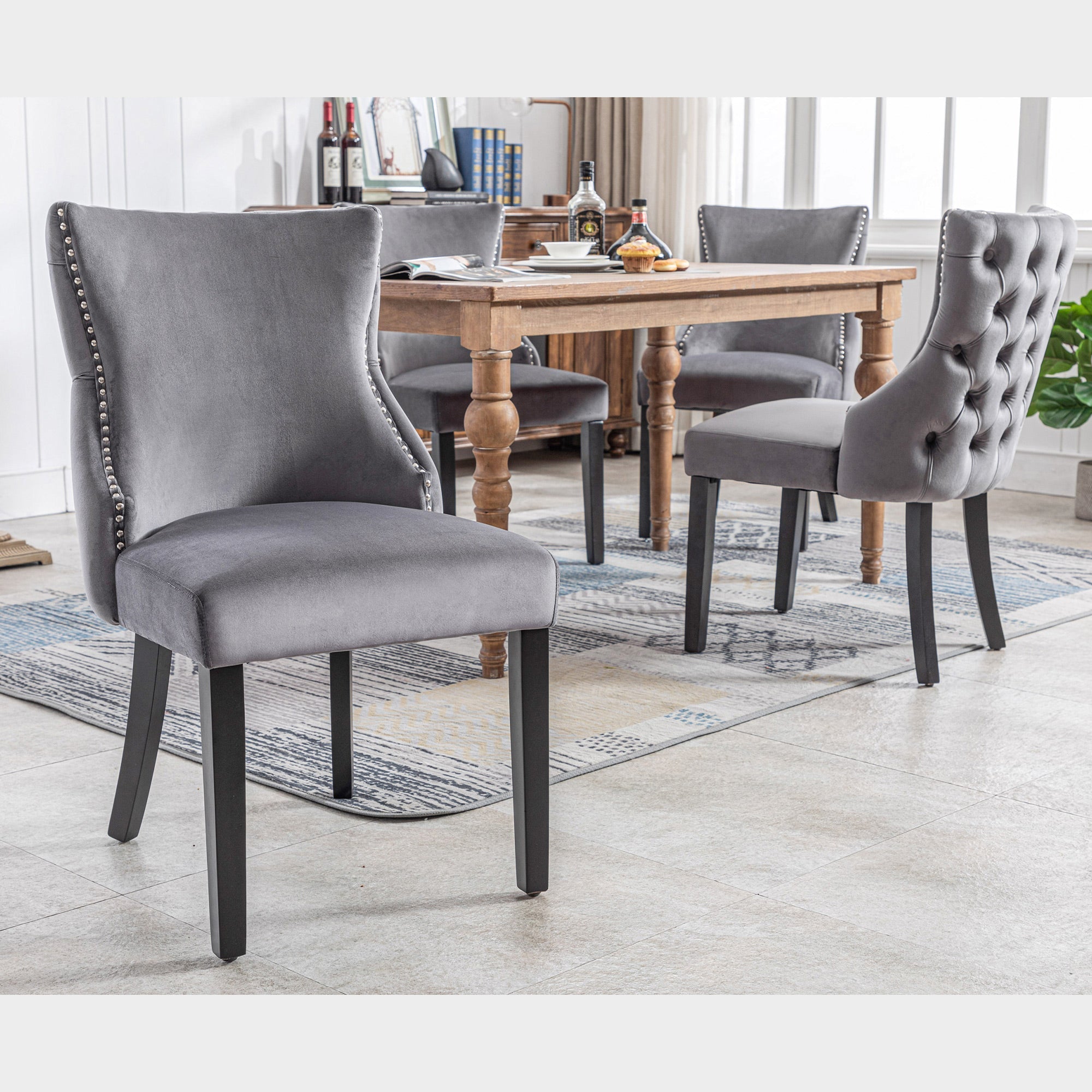 Set of 4 Dining Chairs, Button Tufted 4-Leg Solid Wood Frame, Grey Velvet
