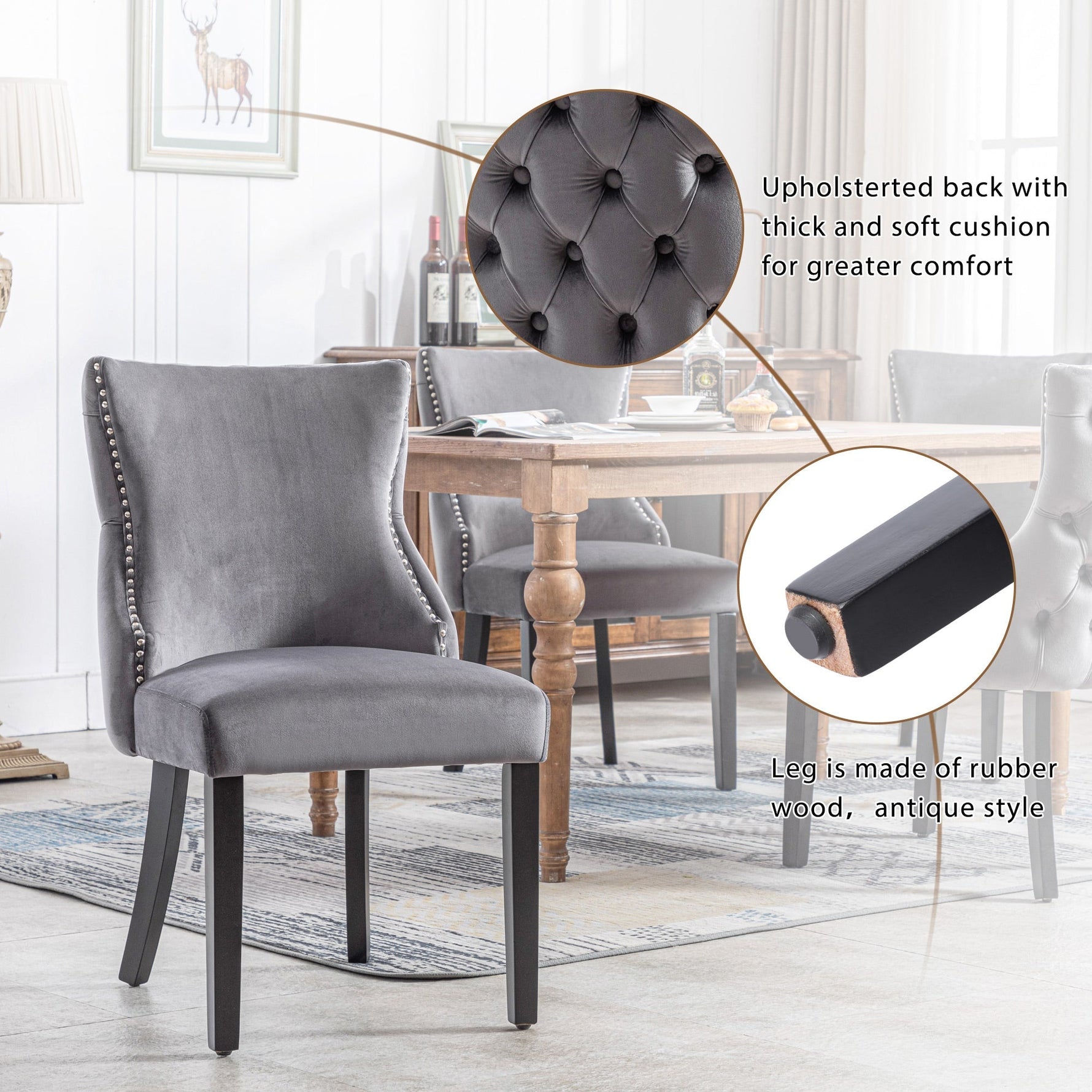 Set of 4 Dining Chairs, Button Tufted 4-Leg Solid Wood Frame, Grey Velvet