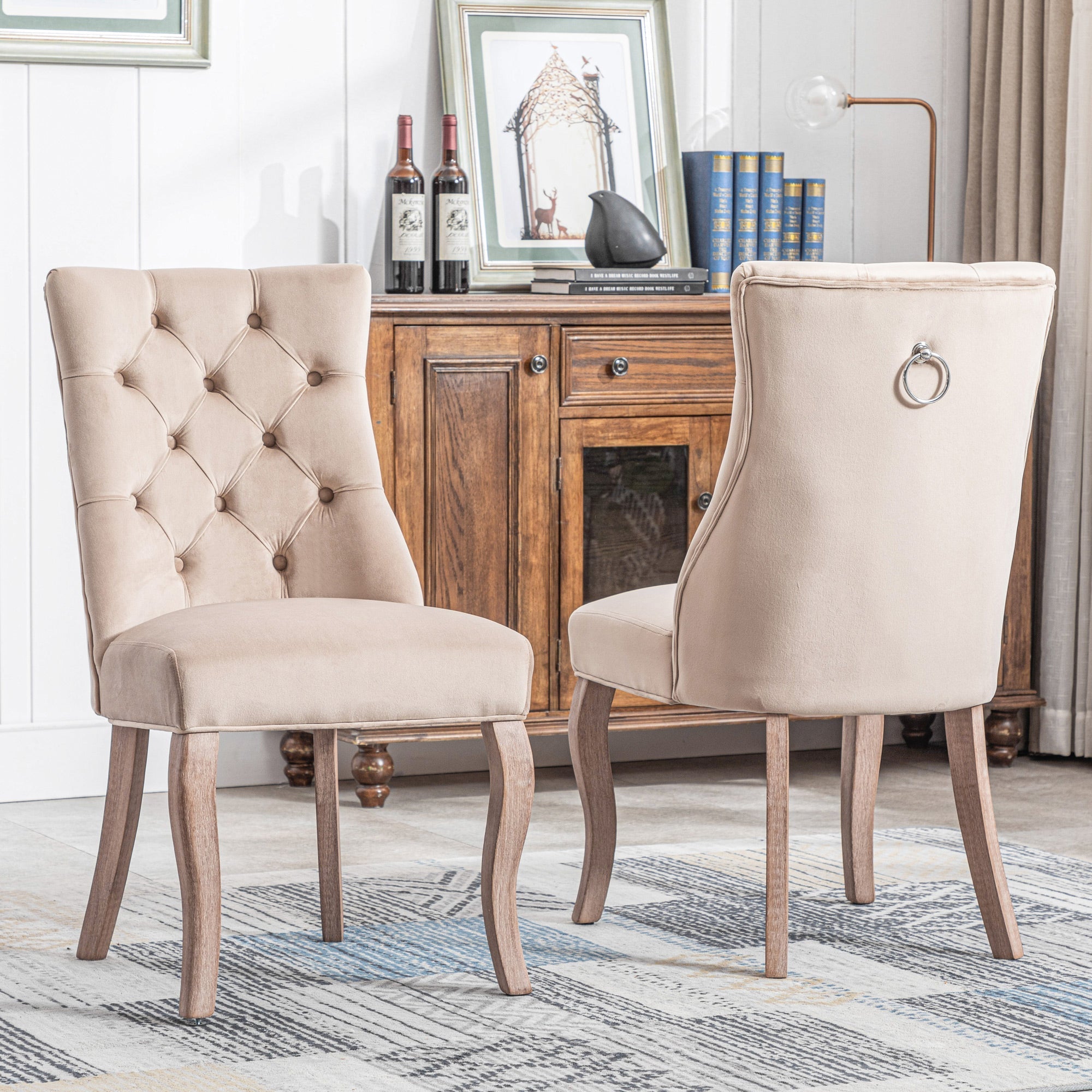 Dining Chair Set of 2 High Back Button Tufting Solid Wood Frame Beige Velvet