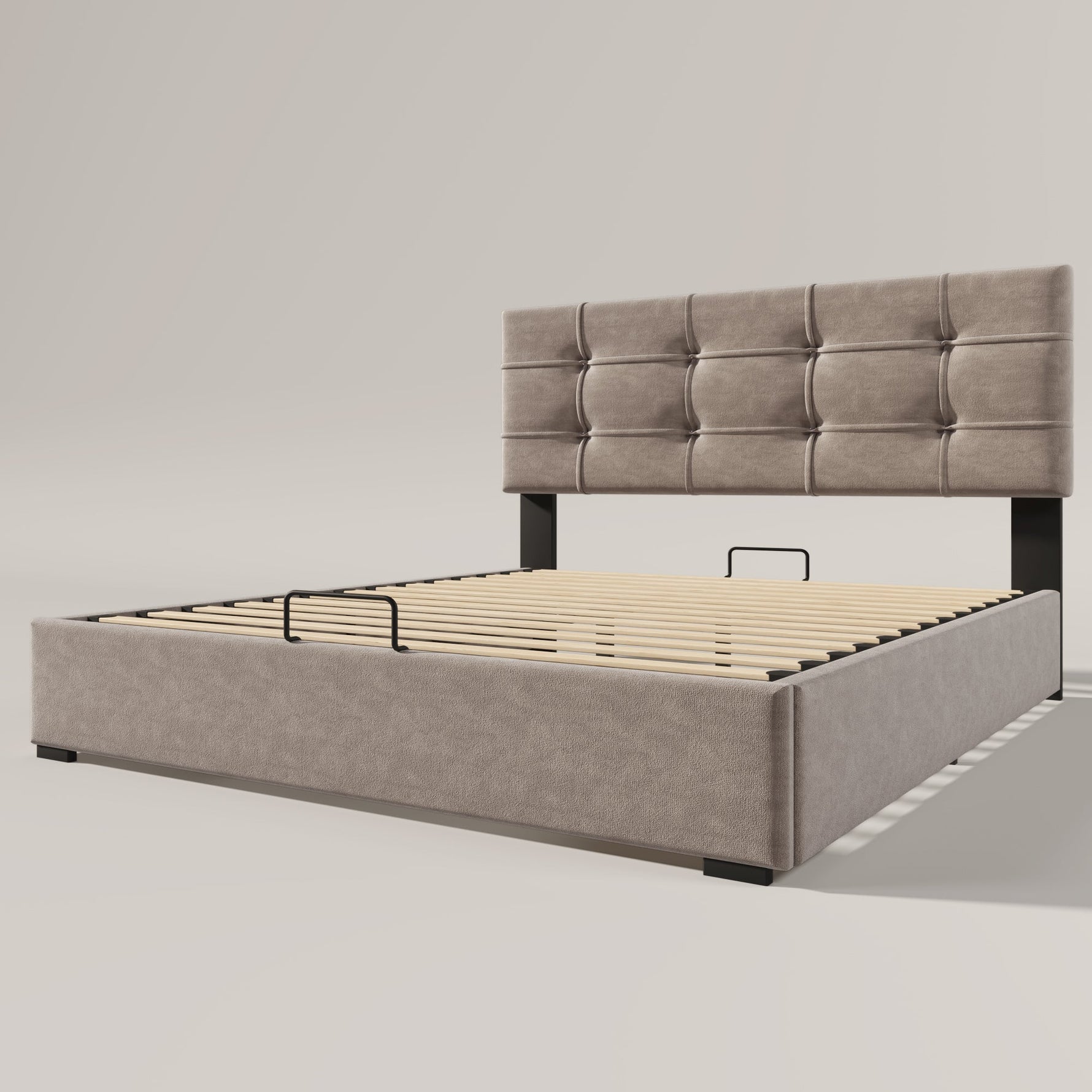 Hydraulic Double Upholstered Bed 140x200cm, Adjustable Headboard, Storage, Light Grey Velvet