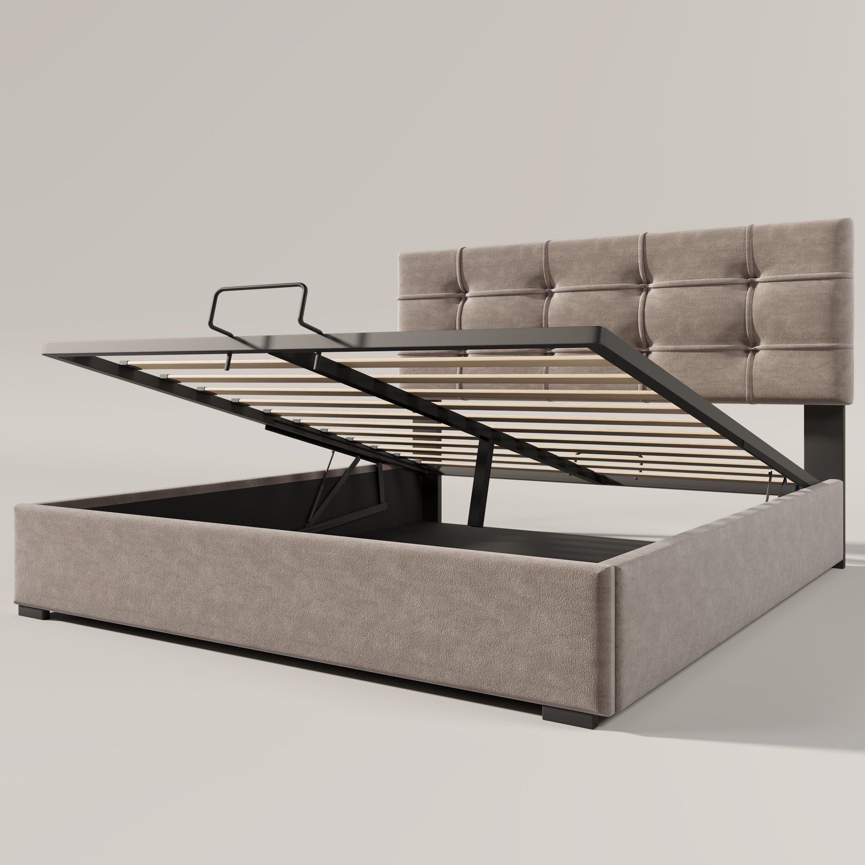 Hydraulic Double Upholstered Bed 140x200cm, Adjustable Headboard, Storage, Light Grey Velvet