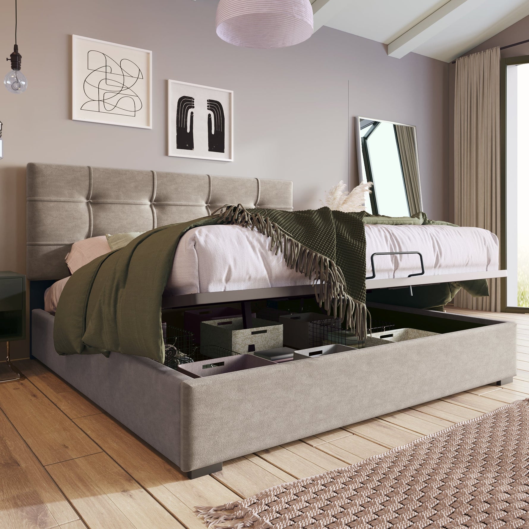 Hydraulic Double Upholstered Bed, 140x200cm with Adjustable Headboard, Metal Slatted Frame, Velvet Light Grey