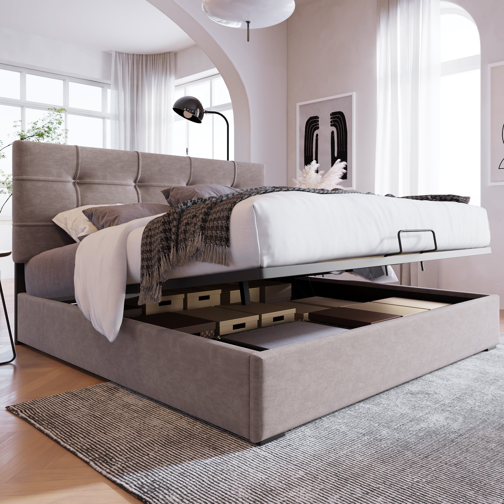 Hydraulic Double Upholstered Bed 140x200cm, Adjustable Headboard, Storage, Light Grey Velvet