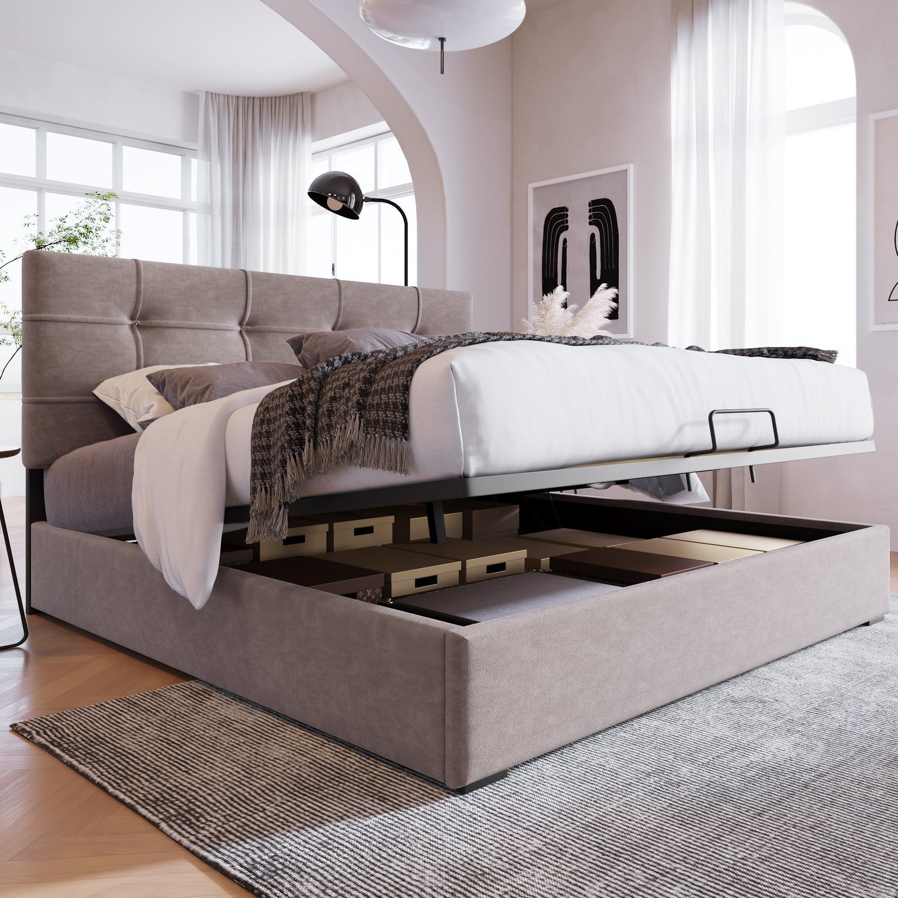 Hydraulic Double Upholstered Bed 140x200cm, Adjustable Headboard, Storage, Light Grey Velvet