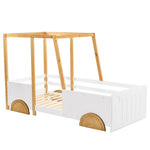 Car Bed, MDF Wheels Pine Frame, White + Natural (90x200cm)