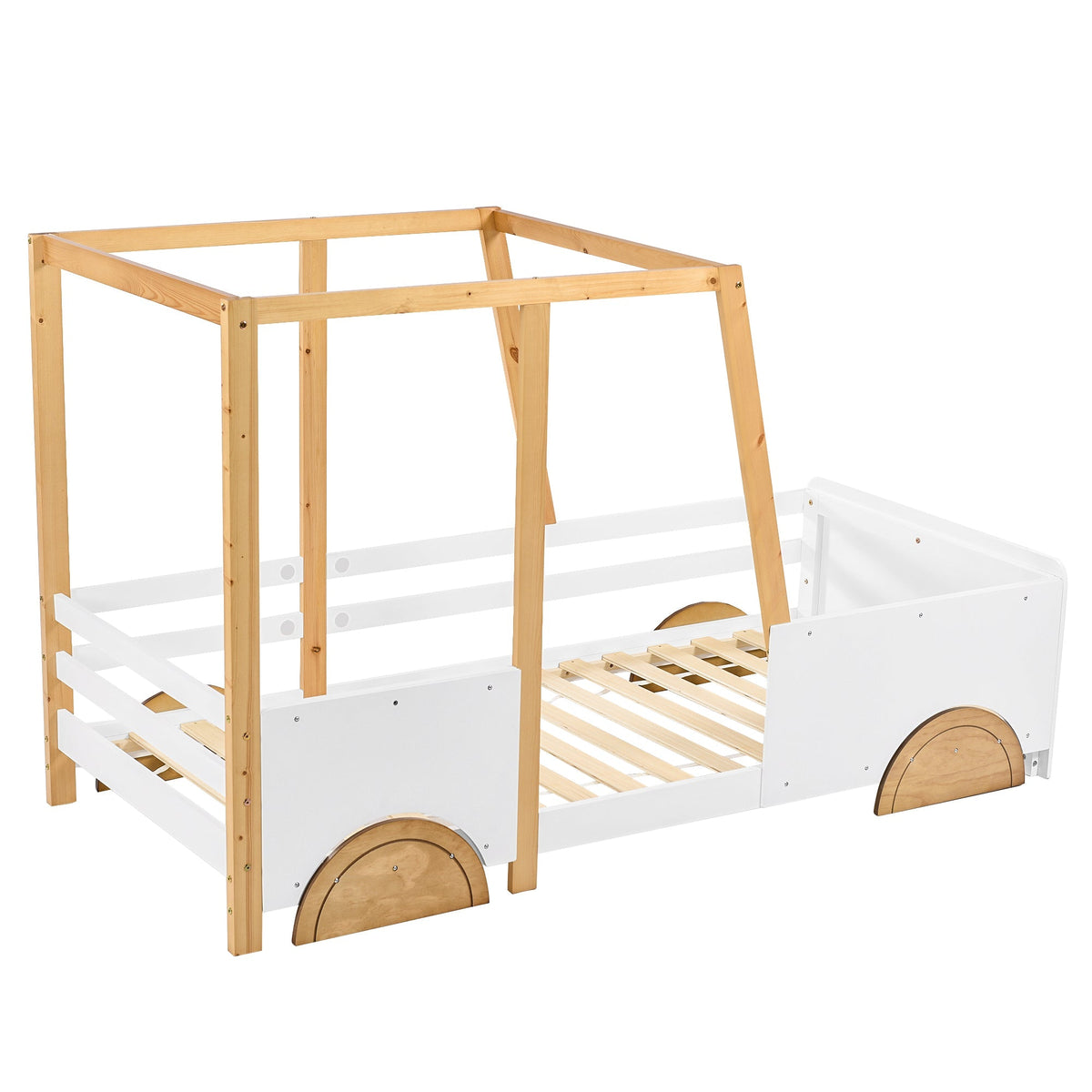 Car Bed, MDF Wheels Pine Frame, White + Natural (90x200cm)