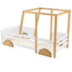 Car Bed, MDF Wheels Pine Frame, White + Natural (90x200cm)