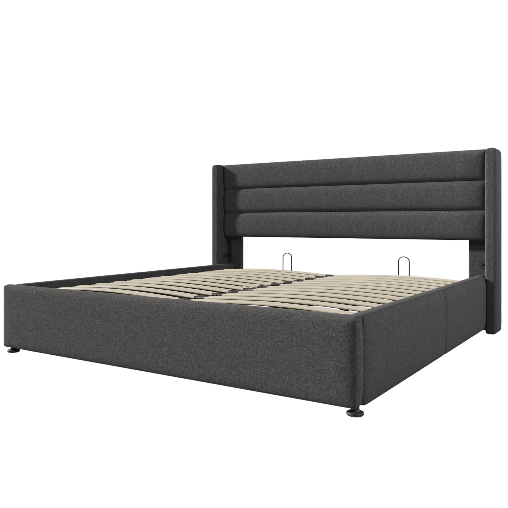 Storage Bed, Hydraulic Upholstered Double Bed 140x200cm, Slatted Base, Linen Grey