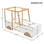 Car Bed, MDF Wheels Pine Frame, White + Natural (90x200cm)