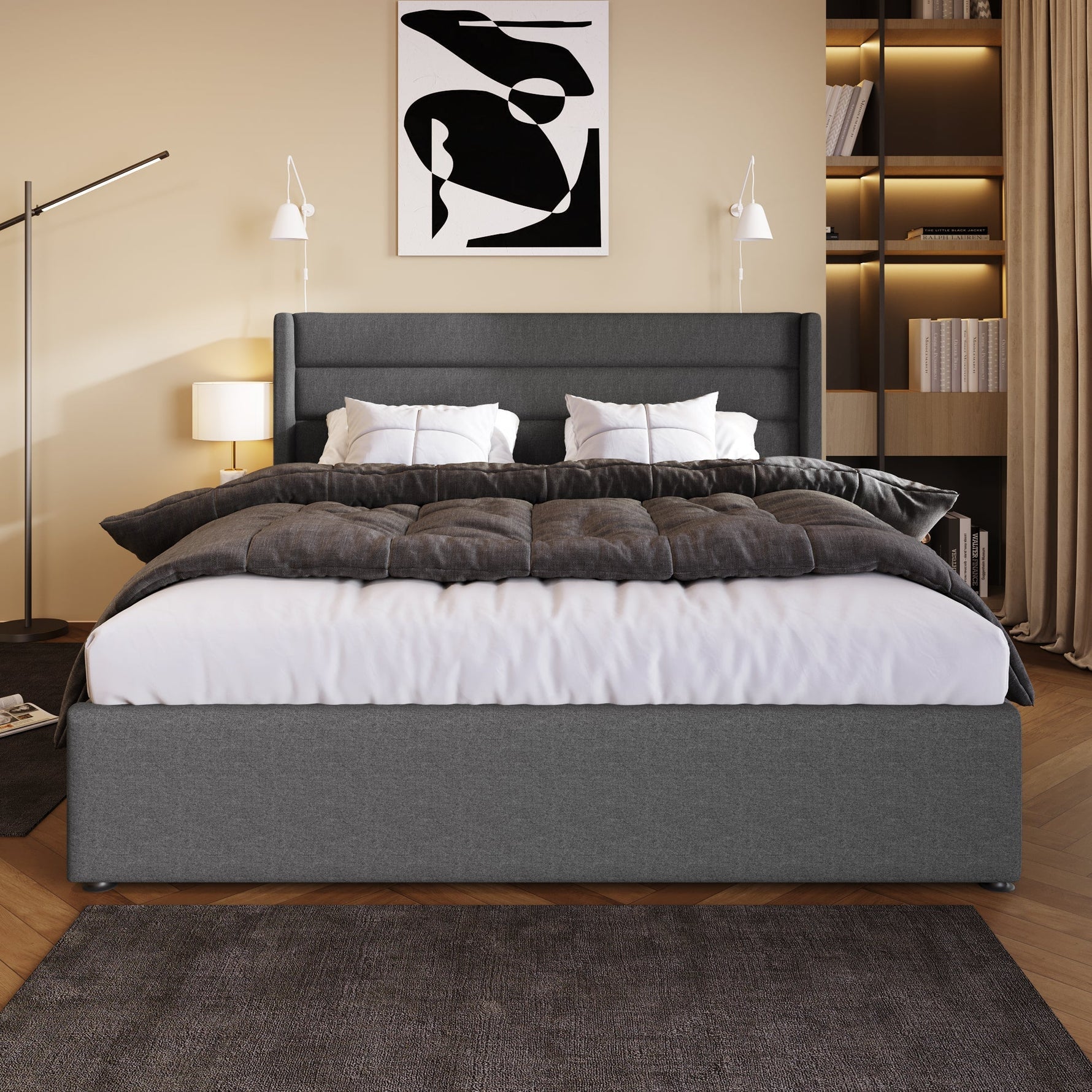Storage Bed, Hydraulic Double 140x200cm with Mattress & Slatted Frame, Linen Grey
