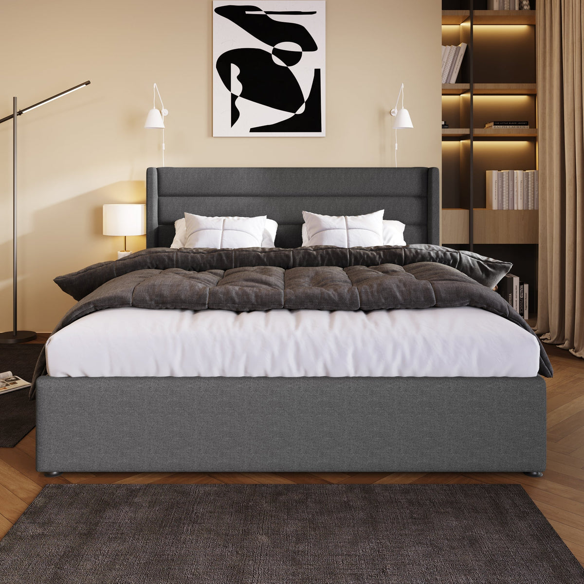 Storage Bed, Hydraulic Double Bed 160x200cm, Wooden/Metal Slatted Frame, Linen Grey