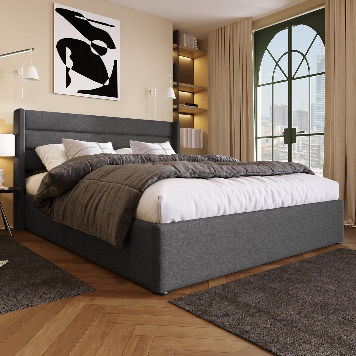 Storage Bed, Hydraulic Double Bed 160x200cm, Wooden/Metal Slatted Frame, Linen Grey