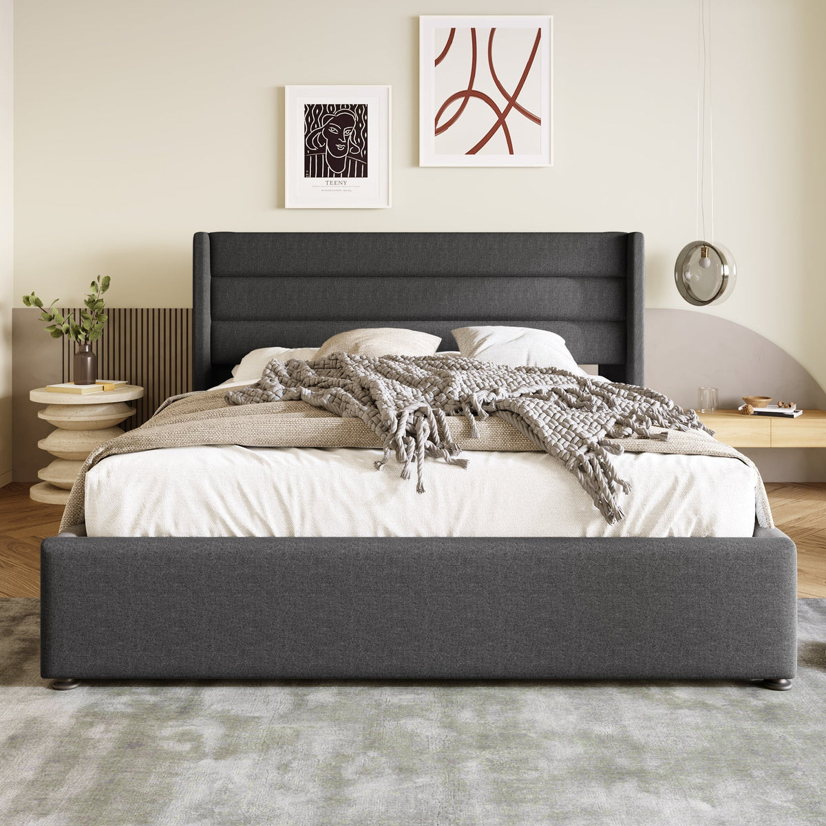 Storage Bed, Hydraulic Double Bed 160x200cm, Wooden/Metal Slatted Frame, Linen Grey