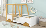 Car Bed, MDF Wheels Pine Frame, White + Natural (90x200cm)