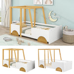 Car Bed, MDF Wheels Pine Frame, White + Natural (90x200cm)