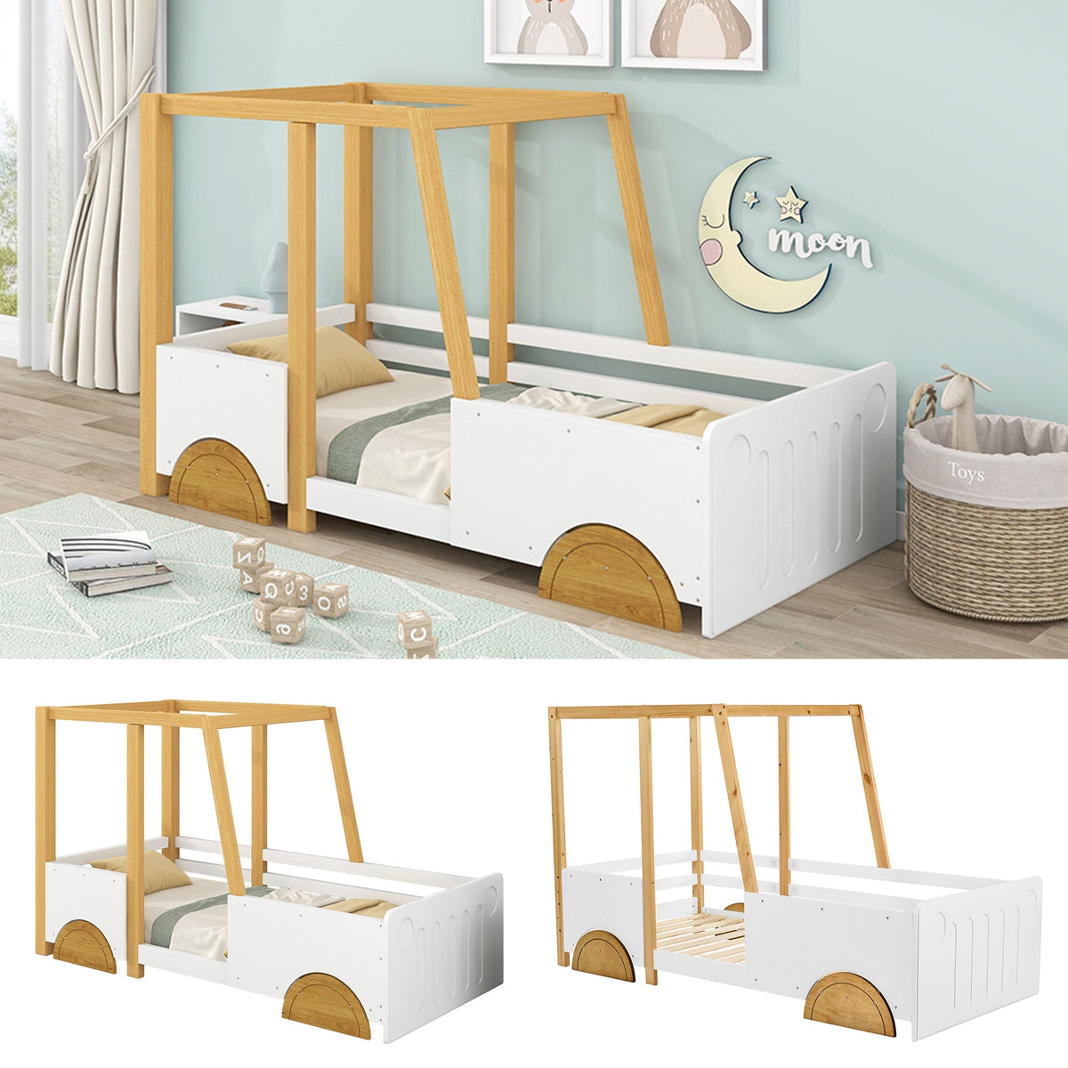 Car Bed, MDF Wheels Pine Frame, White + Natural (90x200cm)