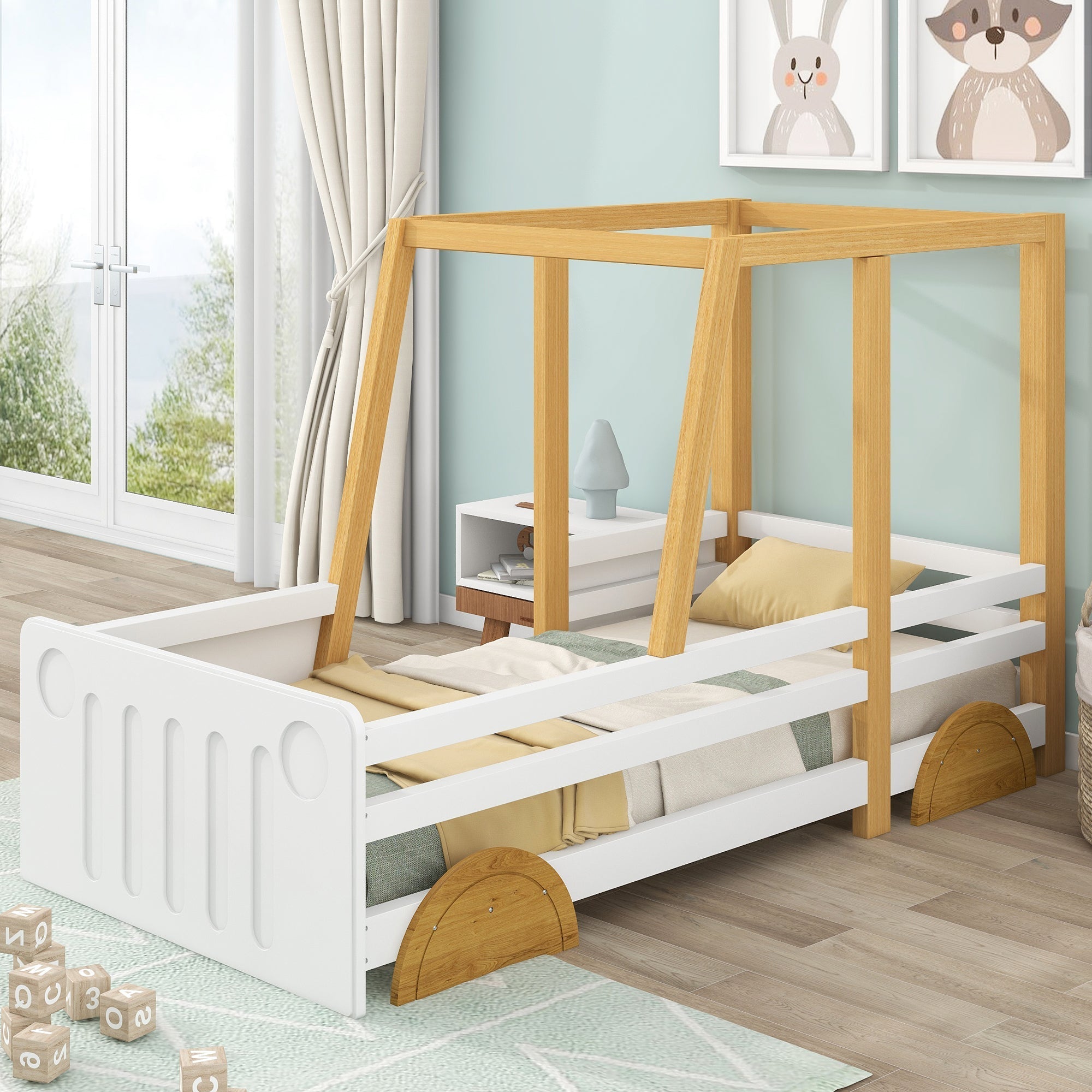 Car Bed, MDF Wheels Pine Frame, White + Natural (90x200cm)