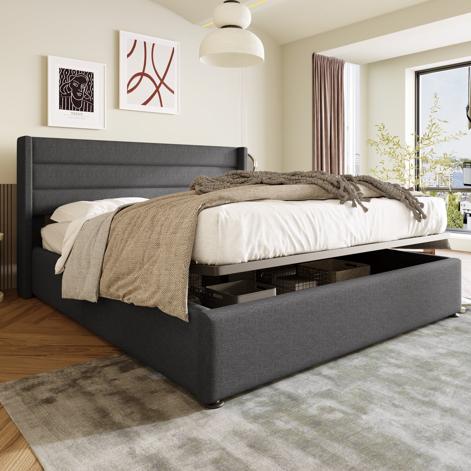 Storage Bed, Hydraulic Upholstered Double Bed 140x200cm, Slatted Base, Linen Grey