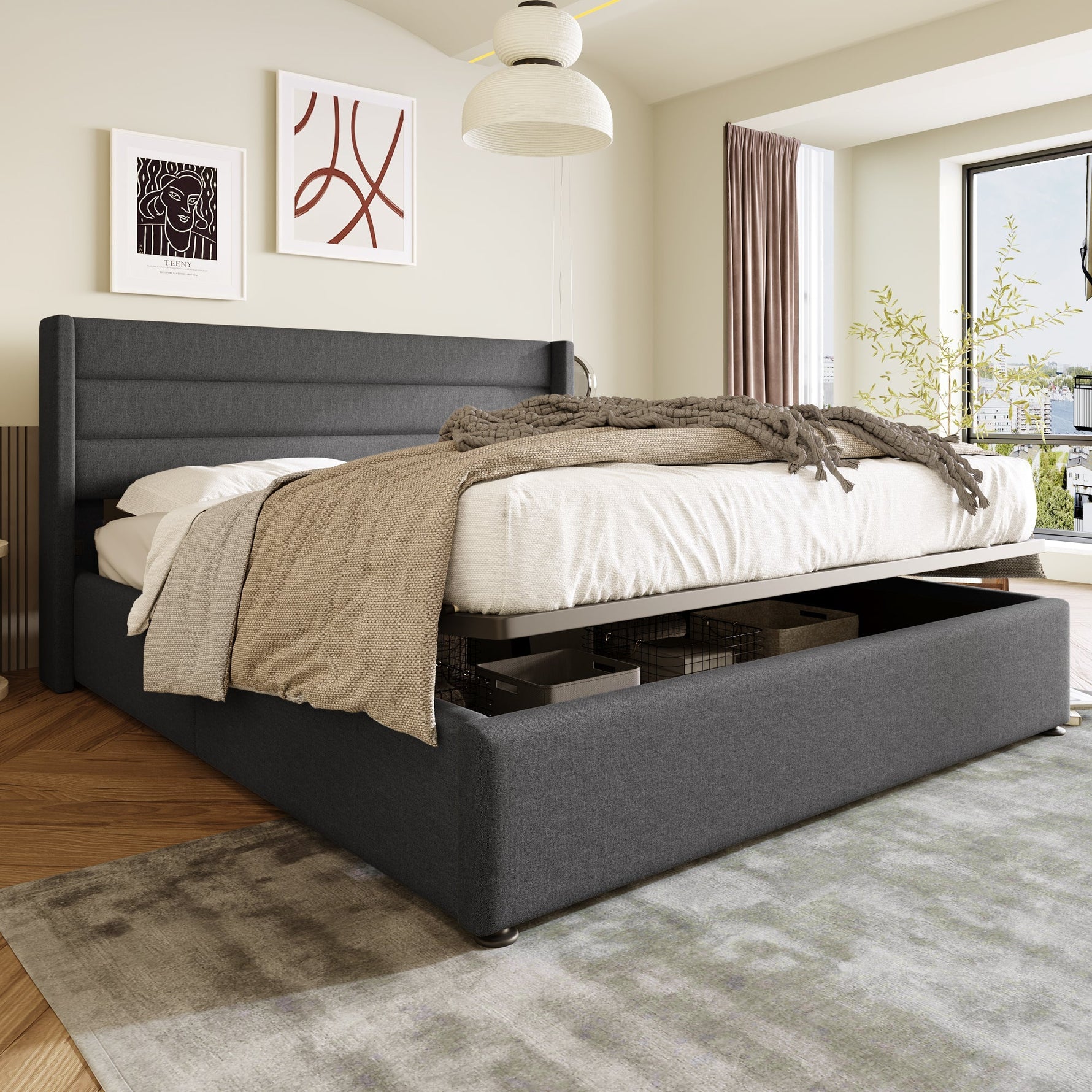 Storage Bed, Hydraulic Upholstered Double Bed 140x200cm, Slatted Base, Linen Grey