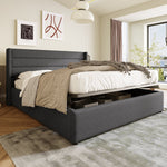 Storage Bed, Hydraulic Double Bed 160x200cm, Wooden/Metal Slatted Frame, Linen Grey