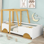 Car Bed, MDF Wheels Pine Frame, White + Natural (90x200cm)