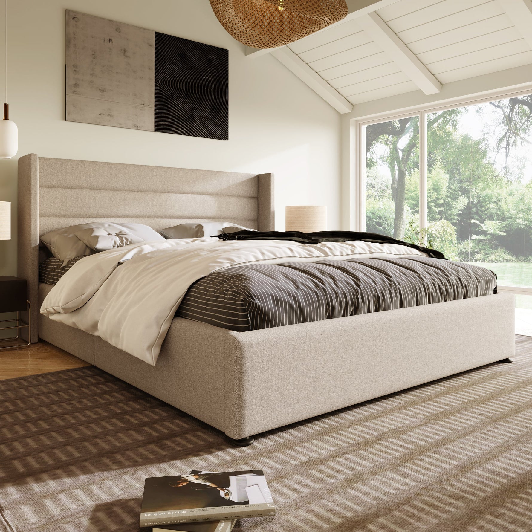 Storage Bed, Hydraulic Double Bed 140x200cm, Linen Beige