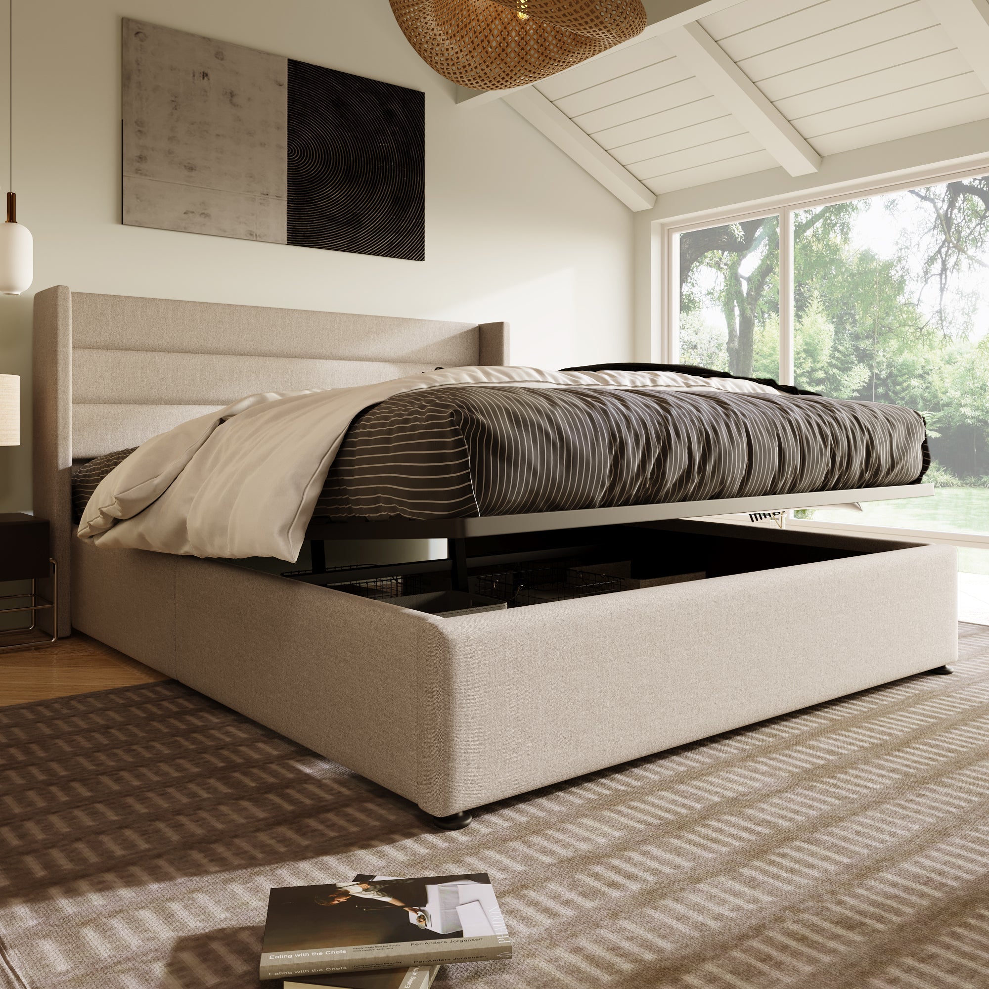 Storage Bed, Hydraulic Double 160x200cm, Upholstered Linen Beige
