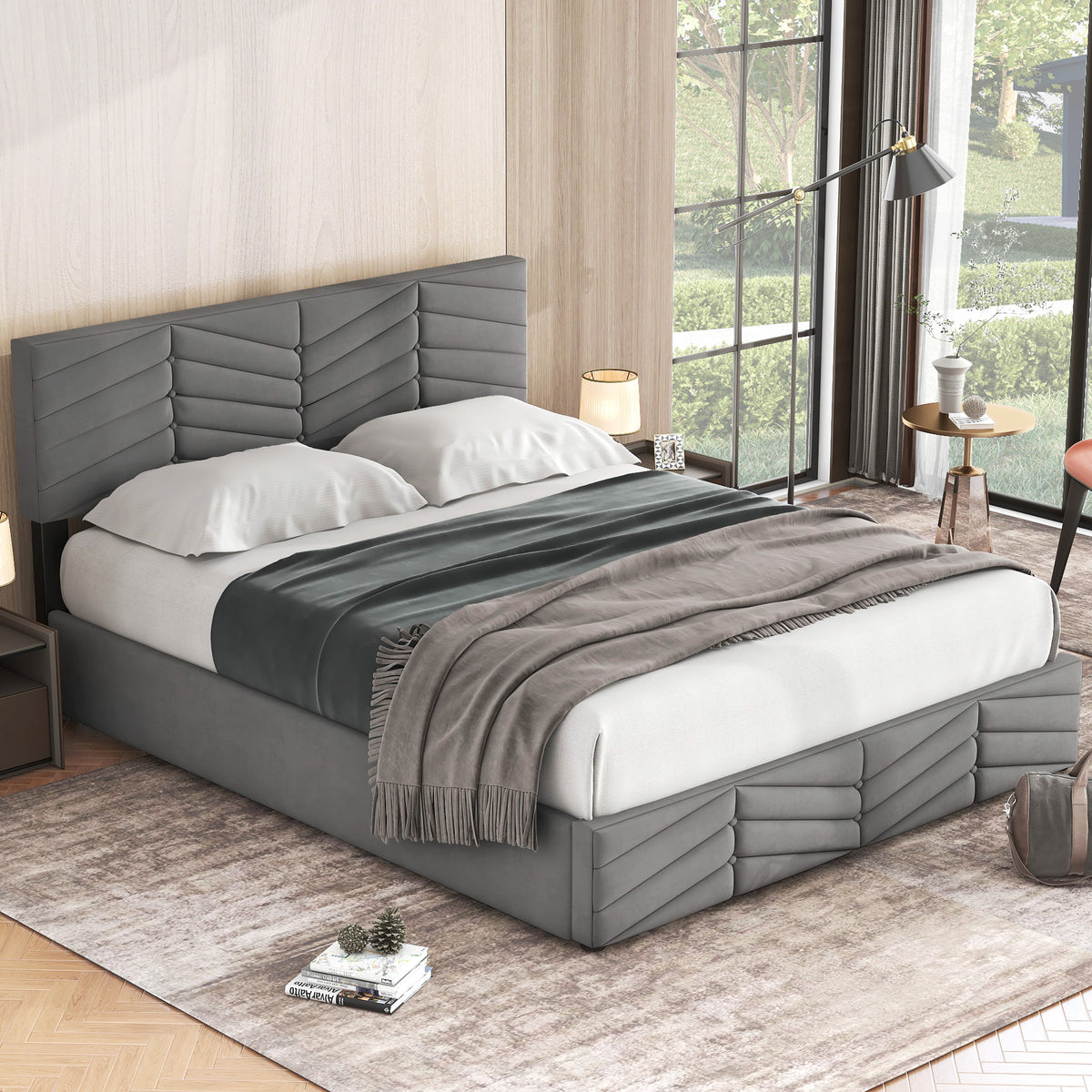 Upholstered Double Bed 140x190cm, Adjustable Headboard, Grey Velvet