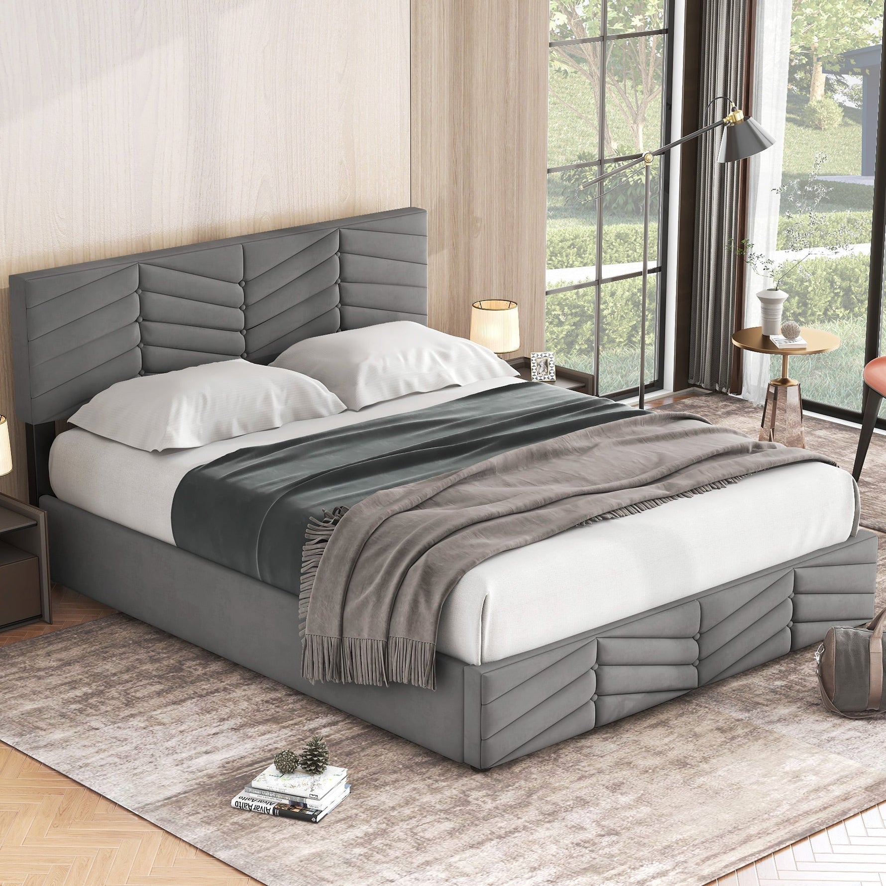 Upholstered Double Bed 140x200cm with Hydraulic Function, Striped Adjustable Headboard, Velvet Grey