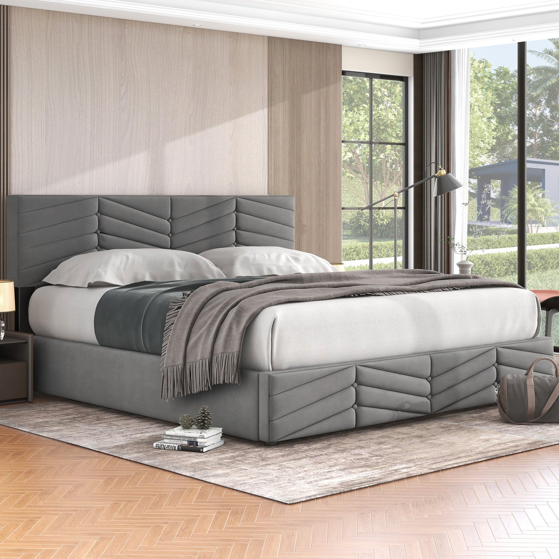 Upholstered Double Bed 180x200cm Hydraulic Storage Adjustable Headboard Striped - Velvet Grey