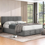 Upholstered Double Bed 140x200cm with Hydraulic Function, Striped Adjustable Headboard, Velvet Grey