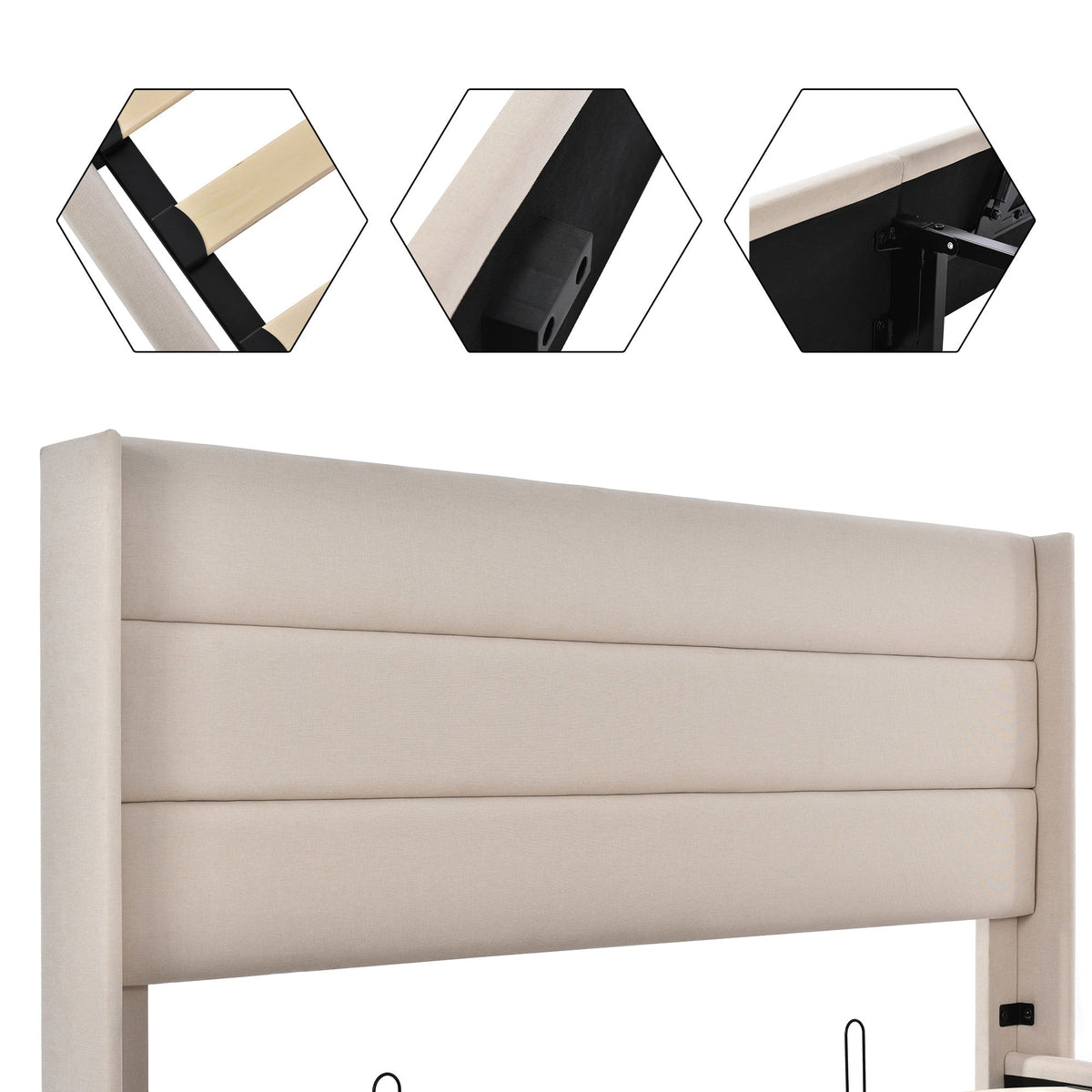 Upholstered Storage Bed, Hydraulic Double 180x200cm Slatted Base, Linen Beige