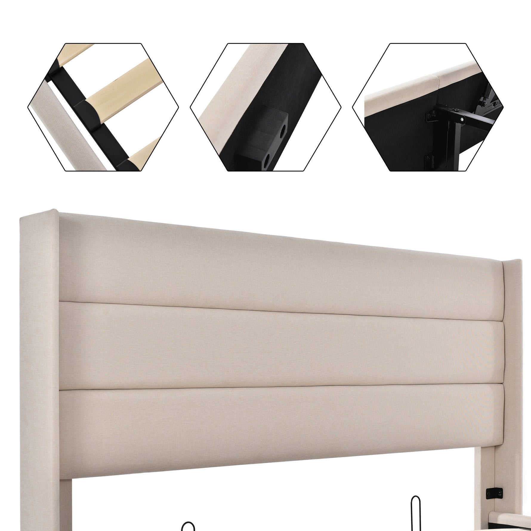 Storage Bed, Hydraulic Double 140x200cm, Wood & Metal Frame, Linen Beige