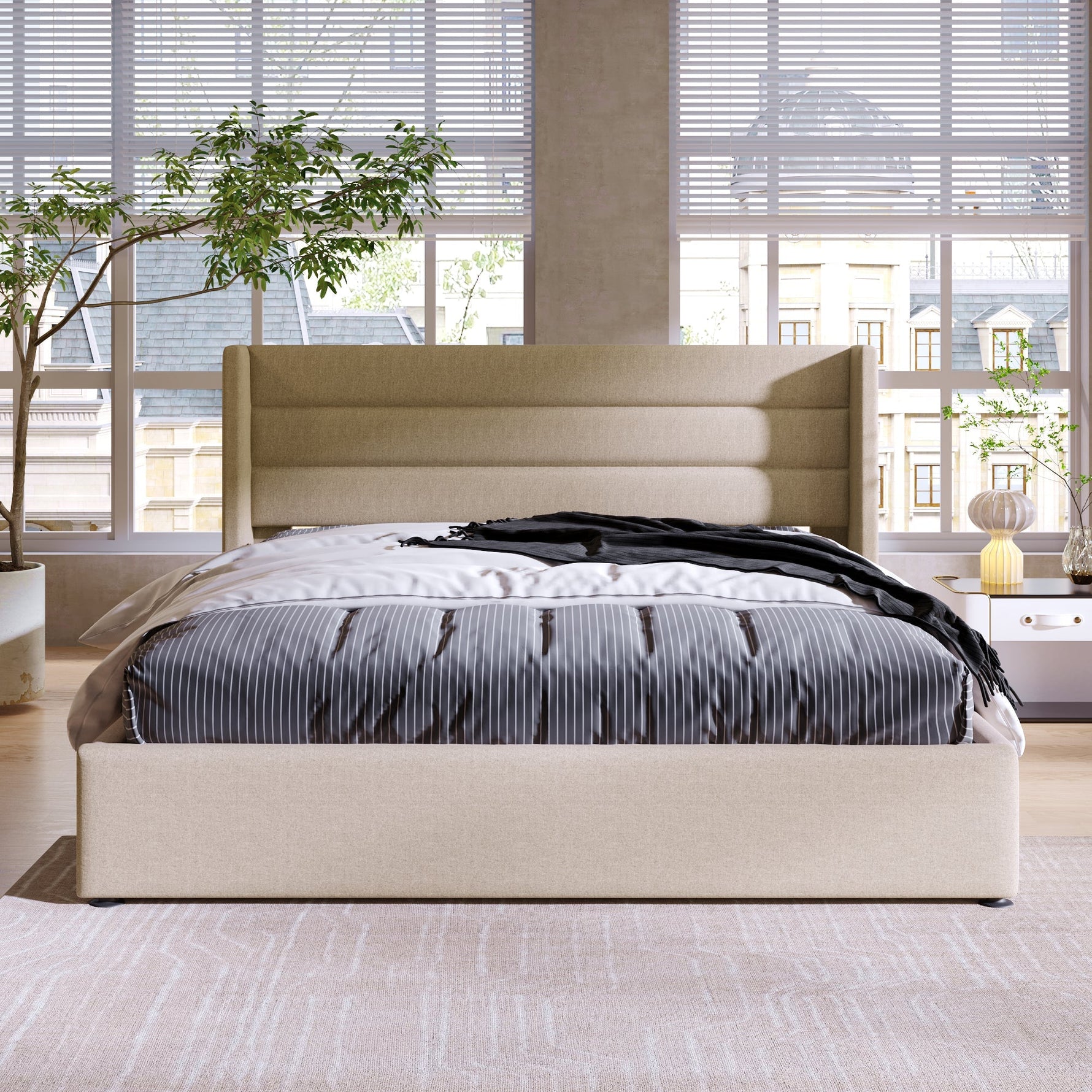 Storage Bed, Hydraulic Double Bed 140x200cm, Linen Beige