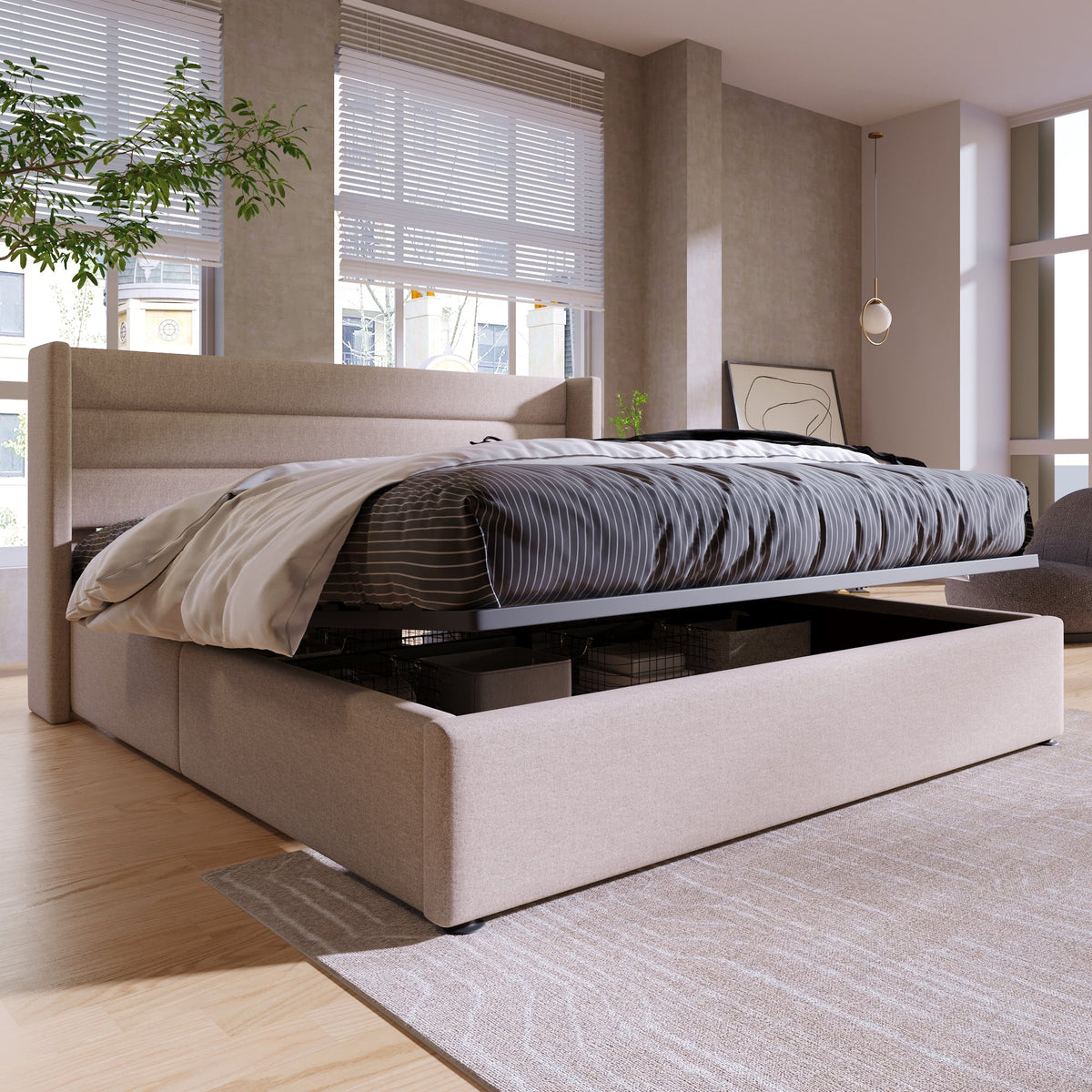 Upholstered Storage Bed, Hydraulic Double 180x200cm Slatted Base, Linen Beige