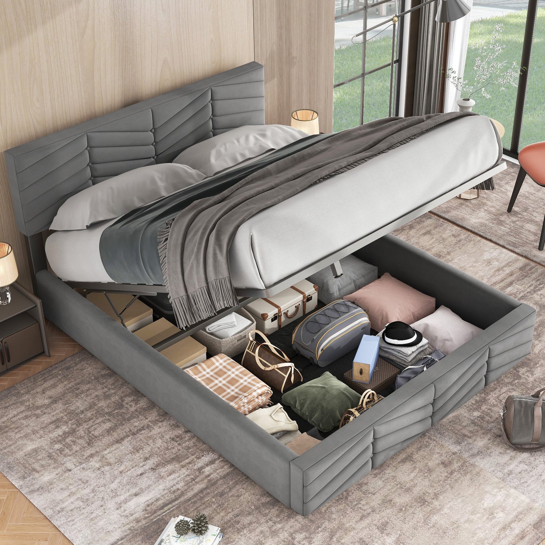 Upholstered Double Bed 140x200cm with Hydraulic Function, Striped Adjustable Headboard, Velvet Grey