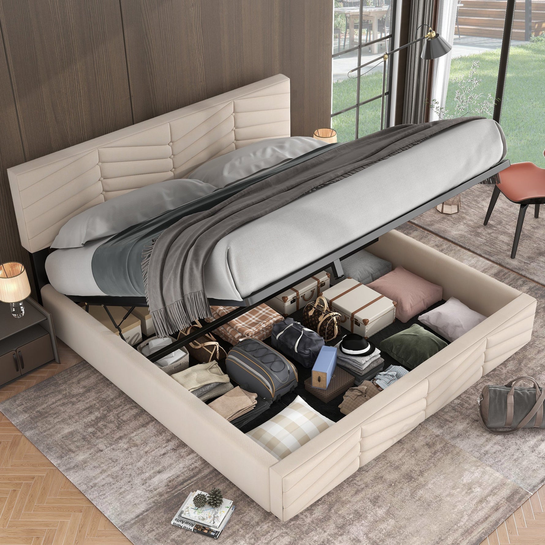 Upholstered Double Bed 180x200cm Hydraulic Storage Striped Headboard - Velvet Beige