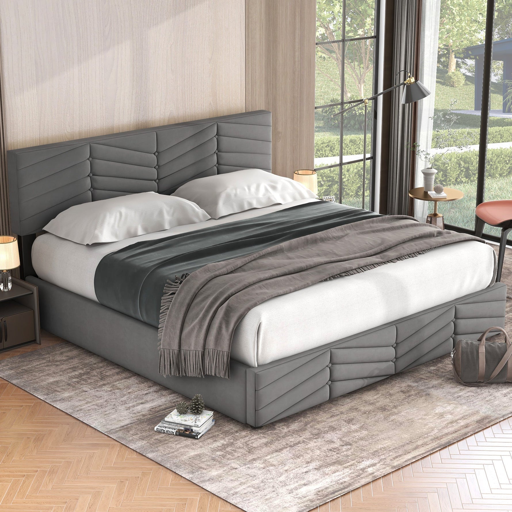 Upholstered Double Bed 180x200cm Hydraulic Storage Adjustable Headboard Striped - Velvet Grey