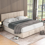 Upholstered Double Bed 180x200cm Hydraulic Storage Striped Headboard - Velvet Beige