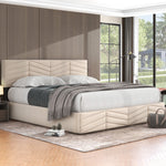Upholstered Double Bed 180x200cm Hydraulic Storage Striped Headboard - Velvet Beige