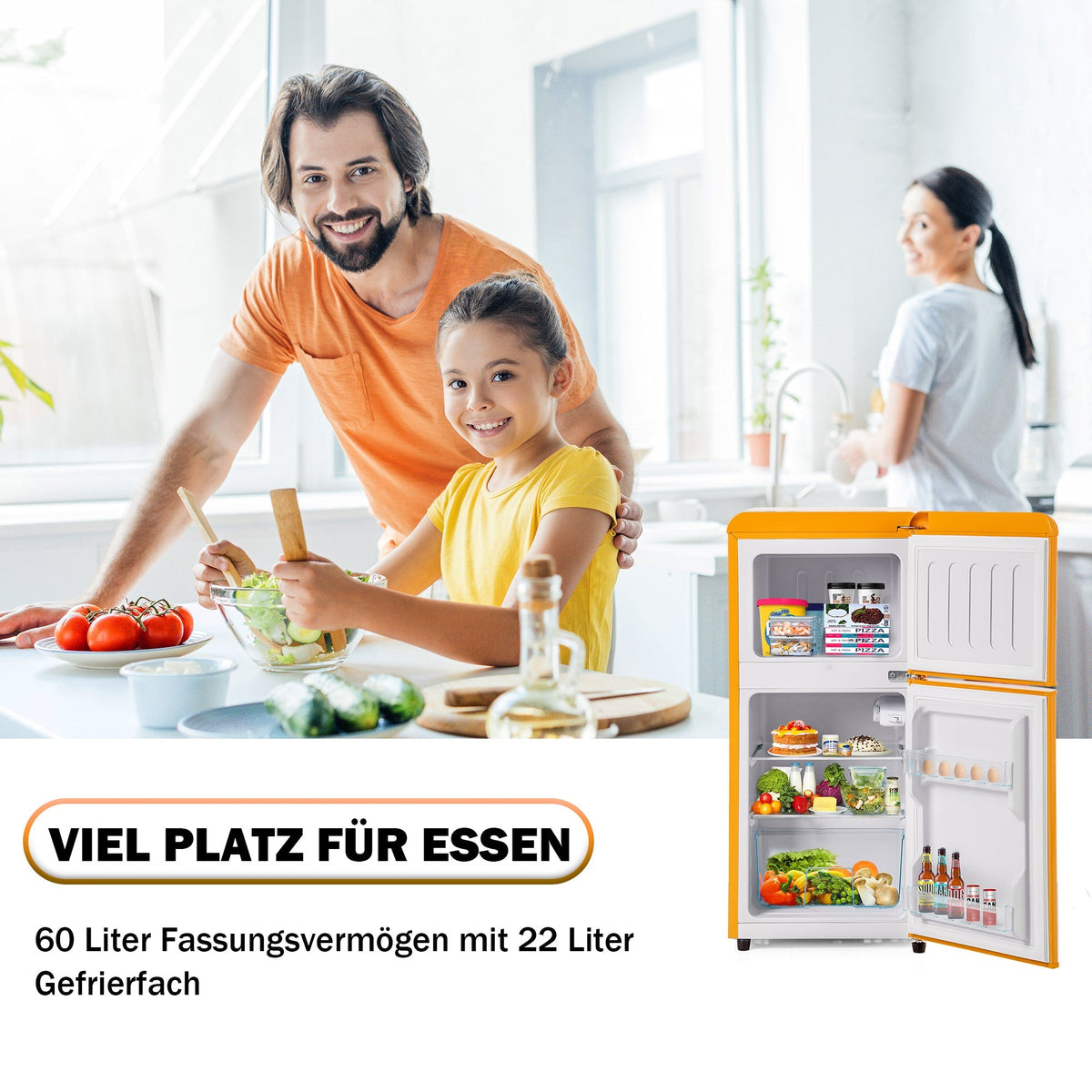 Retro Refrigerator, Freezer Combination, 86.8cm High, 60L Total Volume, Two-Door, E Energy Class