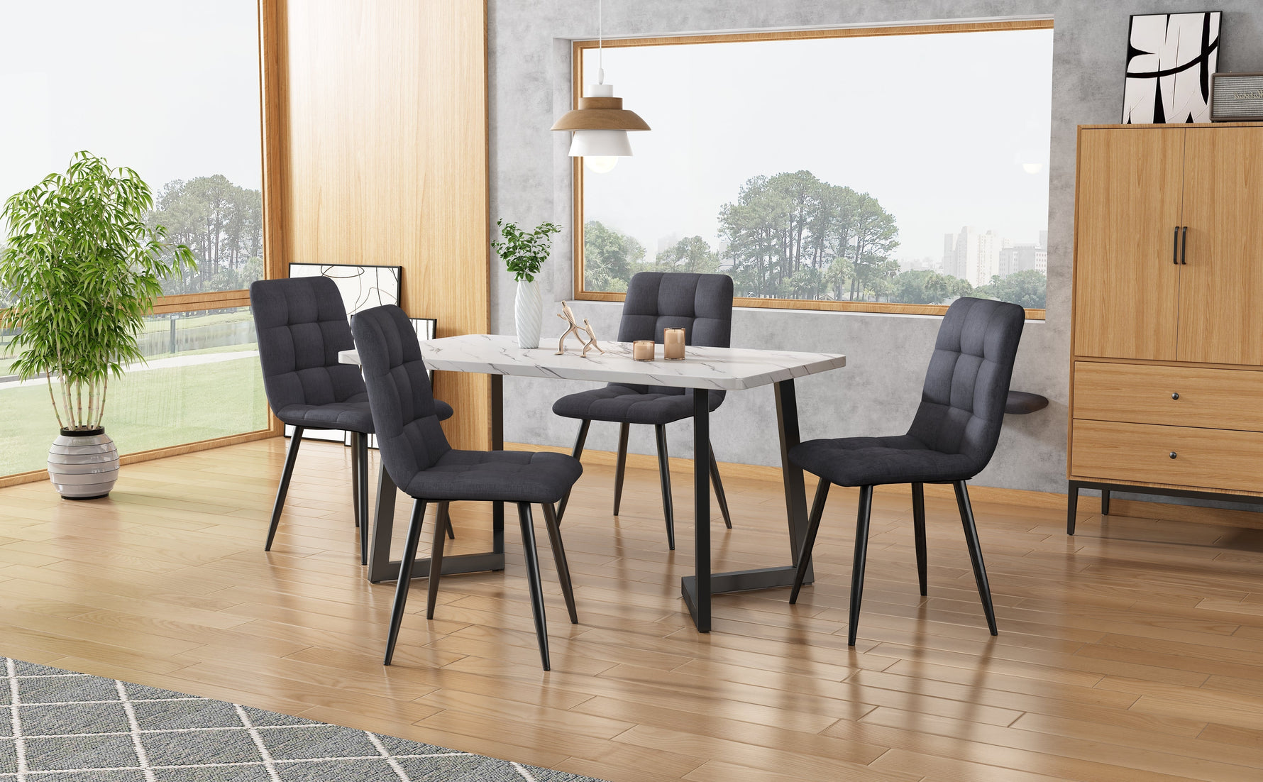 5-Piece Dining Set Rectangular Table 117cm with 4 Modern Chairs Dark Grey Linen Black