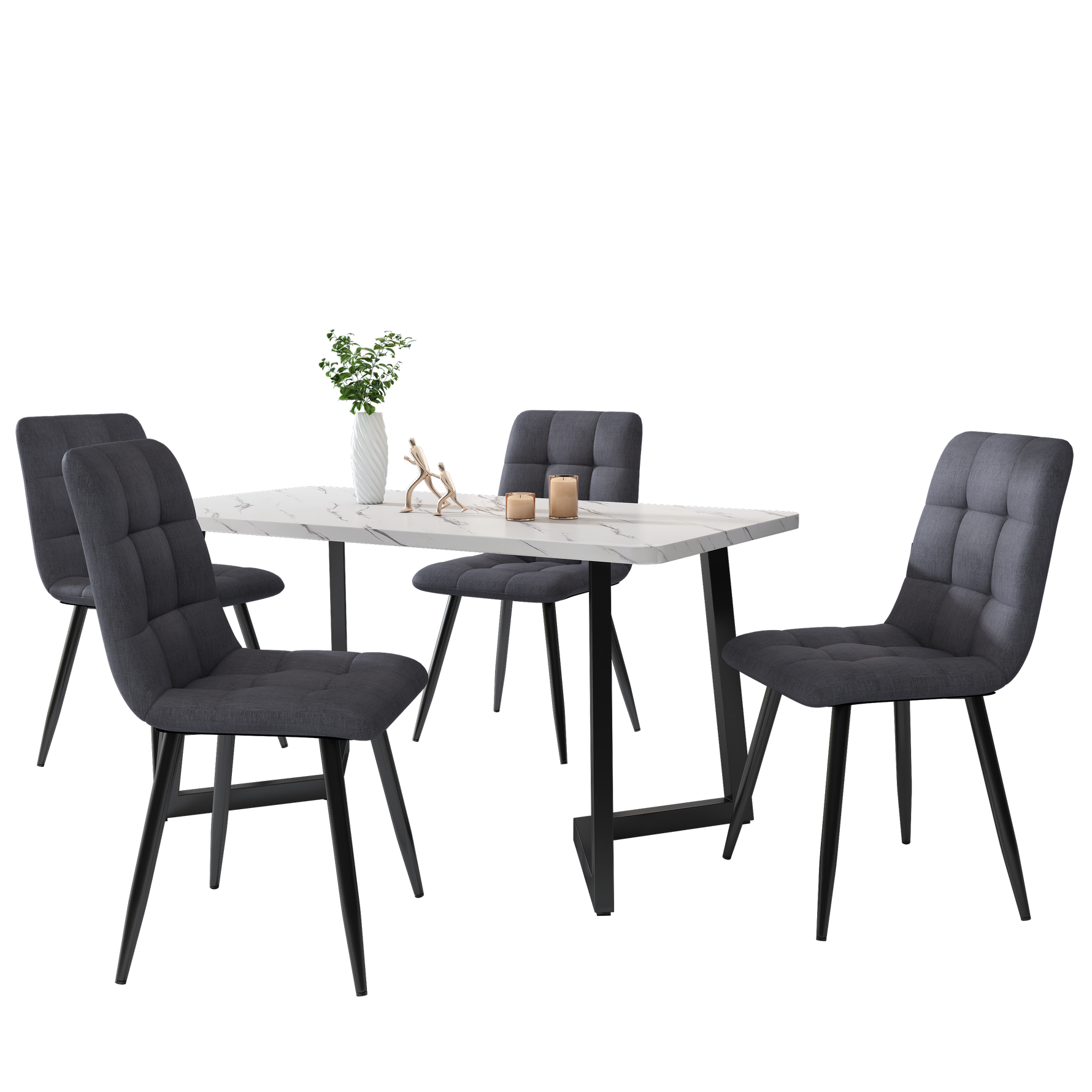 5-Piece Dining Set Rectangular Table 117cm with 4 Modern Chairs Dark Grey Linen Black