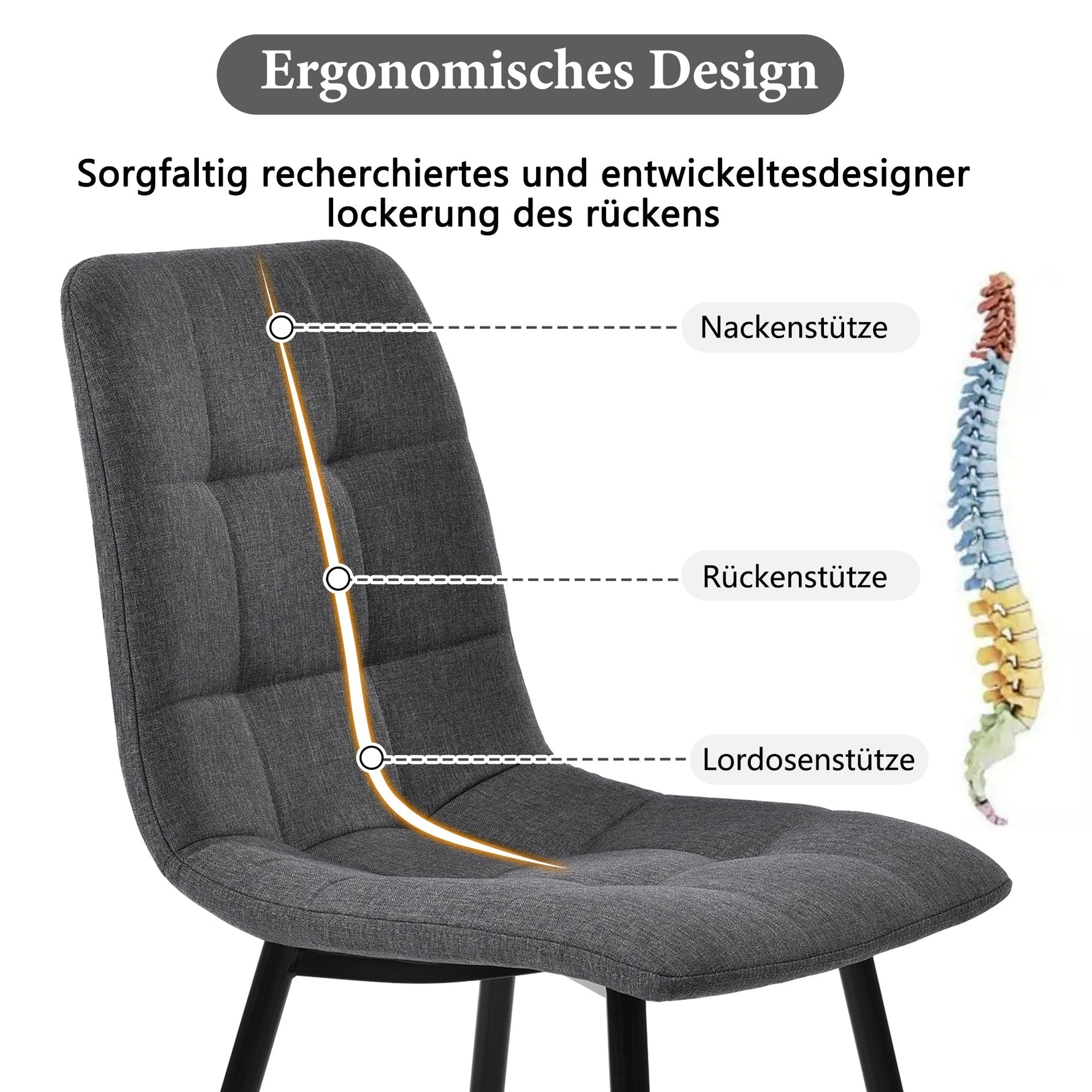 Dining Chair Set of 4 Upholstered Designer Chair with Backrest Metal Frame Dark Grey Linen